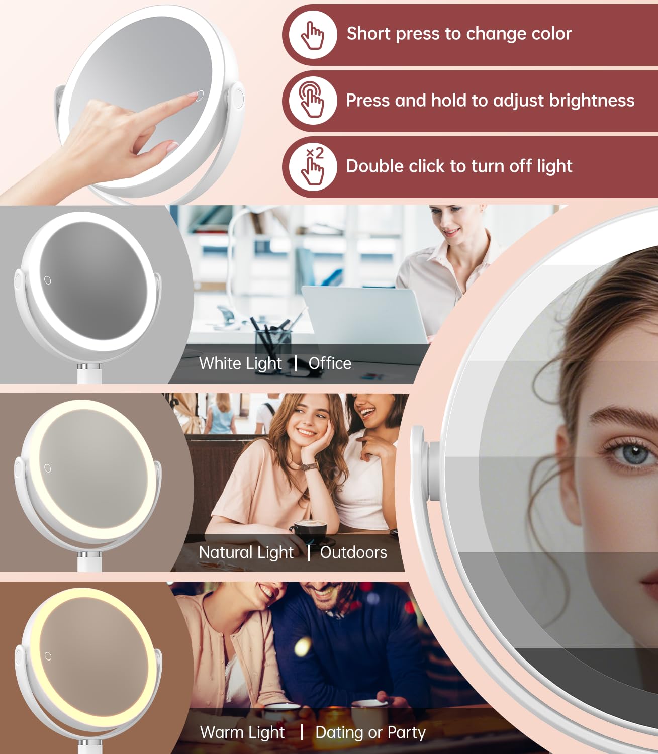 Benbilry 20X Magnifying Mirror with Light, Rechargeable 4000mAh Lighted Makeup Mirror with Magnification, Adjustable Height, 3 C