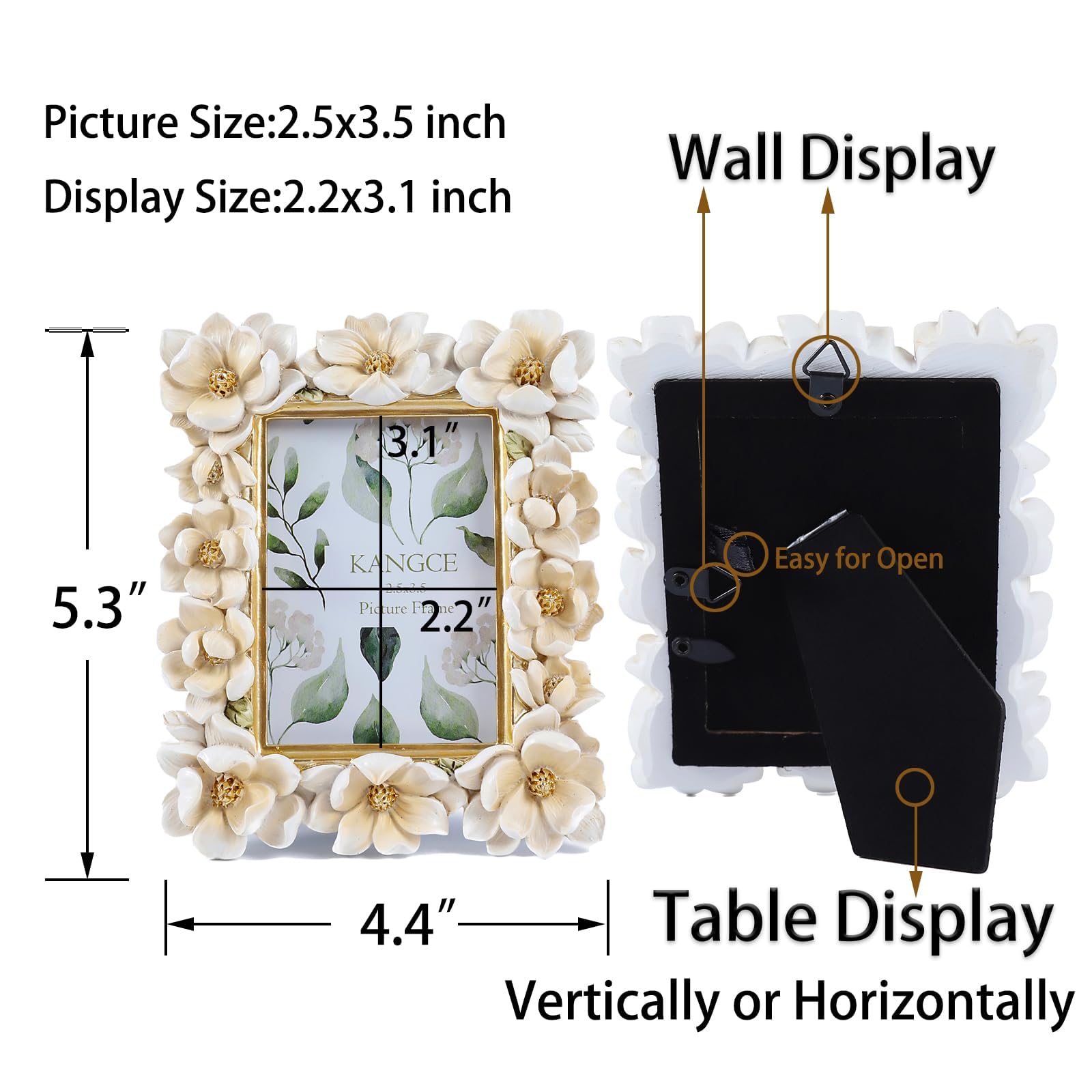 Kangce Vintage Picture Frames 2.5x3.5 Antique White and Gold Ornate Flower Picture Frame for Tabletop and Wall Mount Decorative