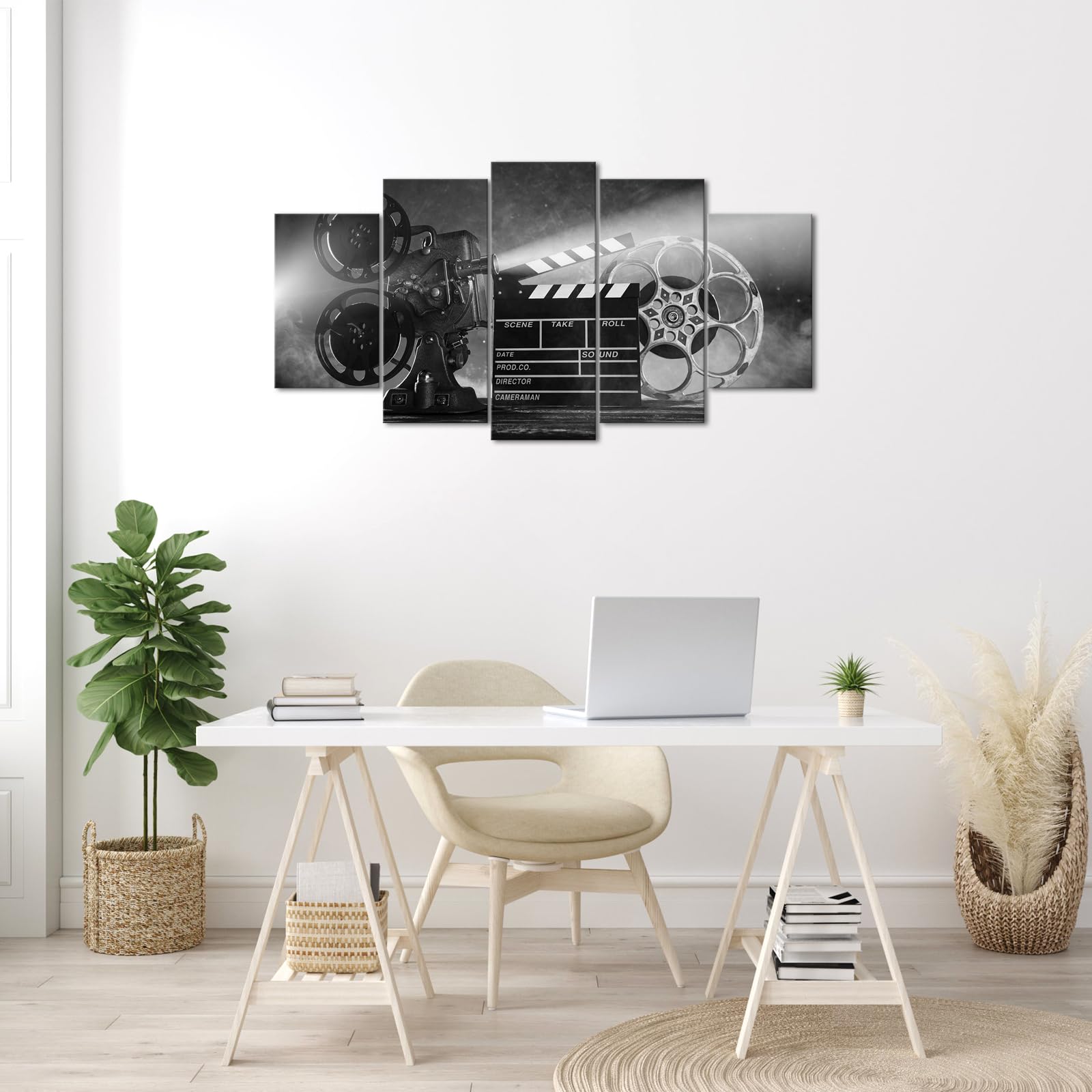 Levvarts Large 5 Piece Canvas Wall Art Classic Old Fashion Film Reels Poster Filmmaking Concept Scene Black And White Pictures F