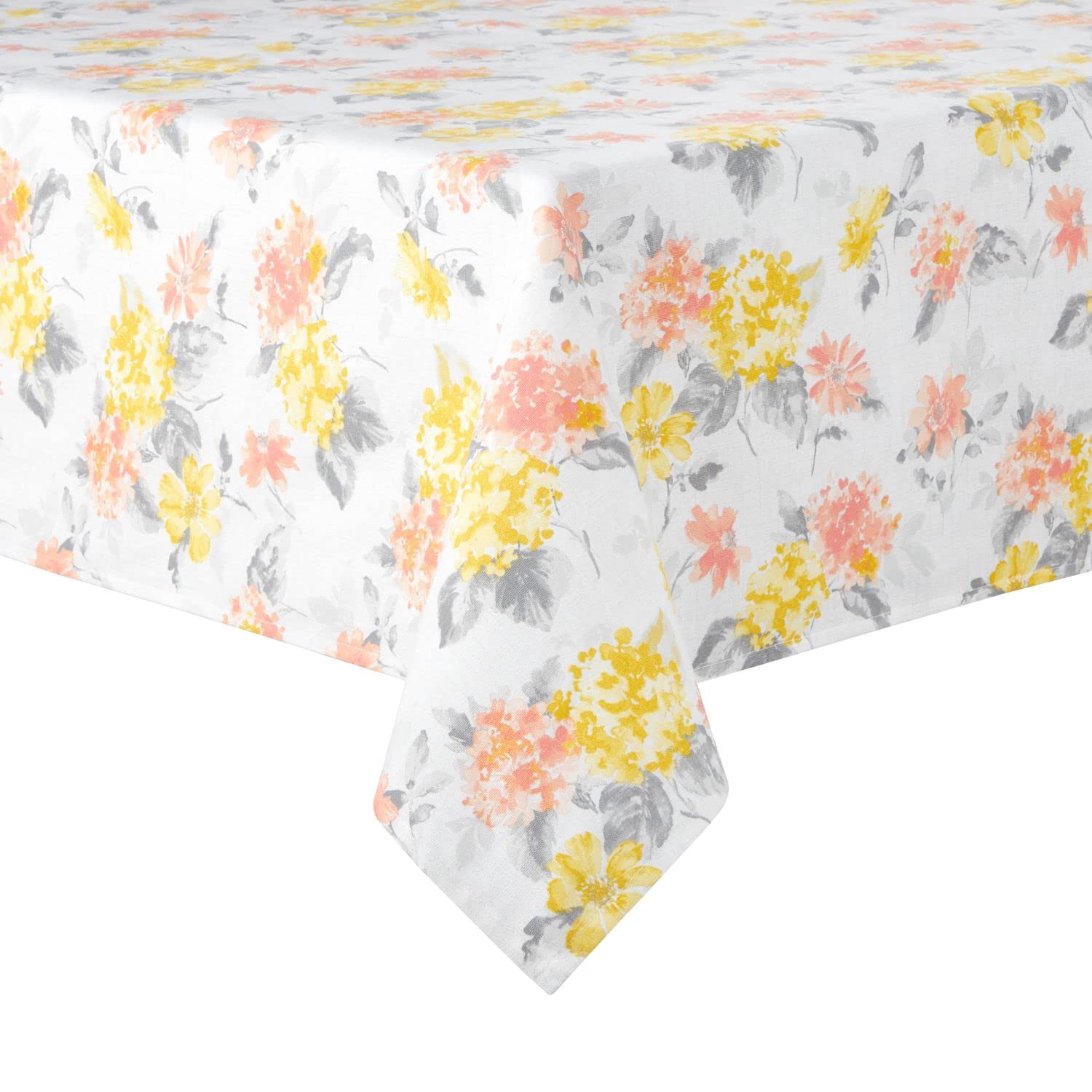 Martha Stewart Amber Floral Polyester Cotton Rectangle Tablecloth Single Pack, Yellow/Coral, 60''X84''