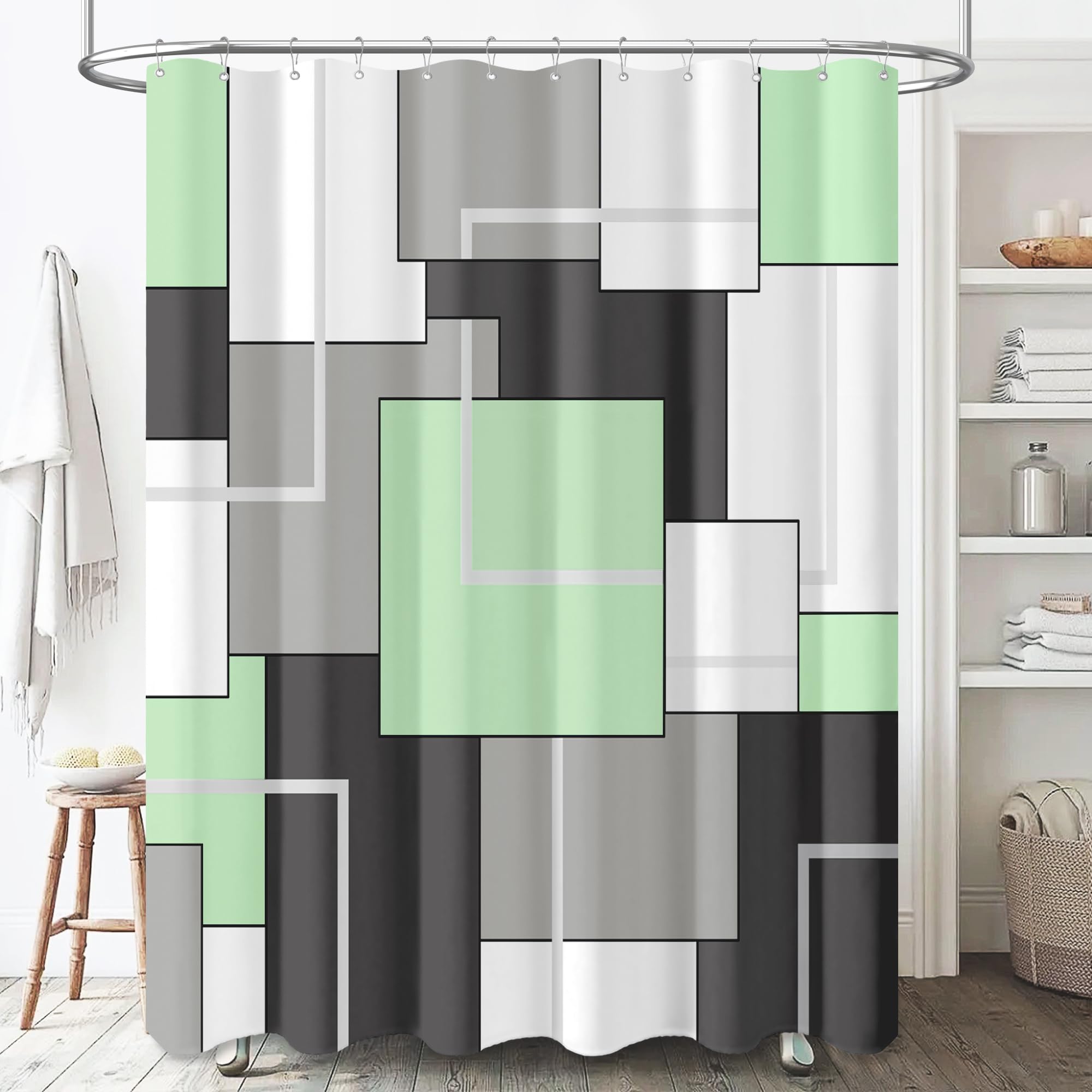 Bttn 78 Inch Long Shower Curtain, Tall Geometric Abstract Fabric Shower Curtain Set With Plastic Hooks, Large Modern Luxury Neut