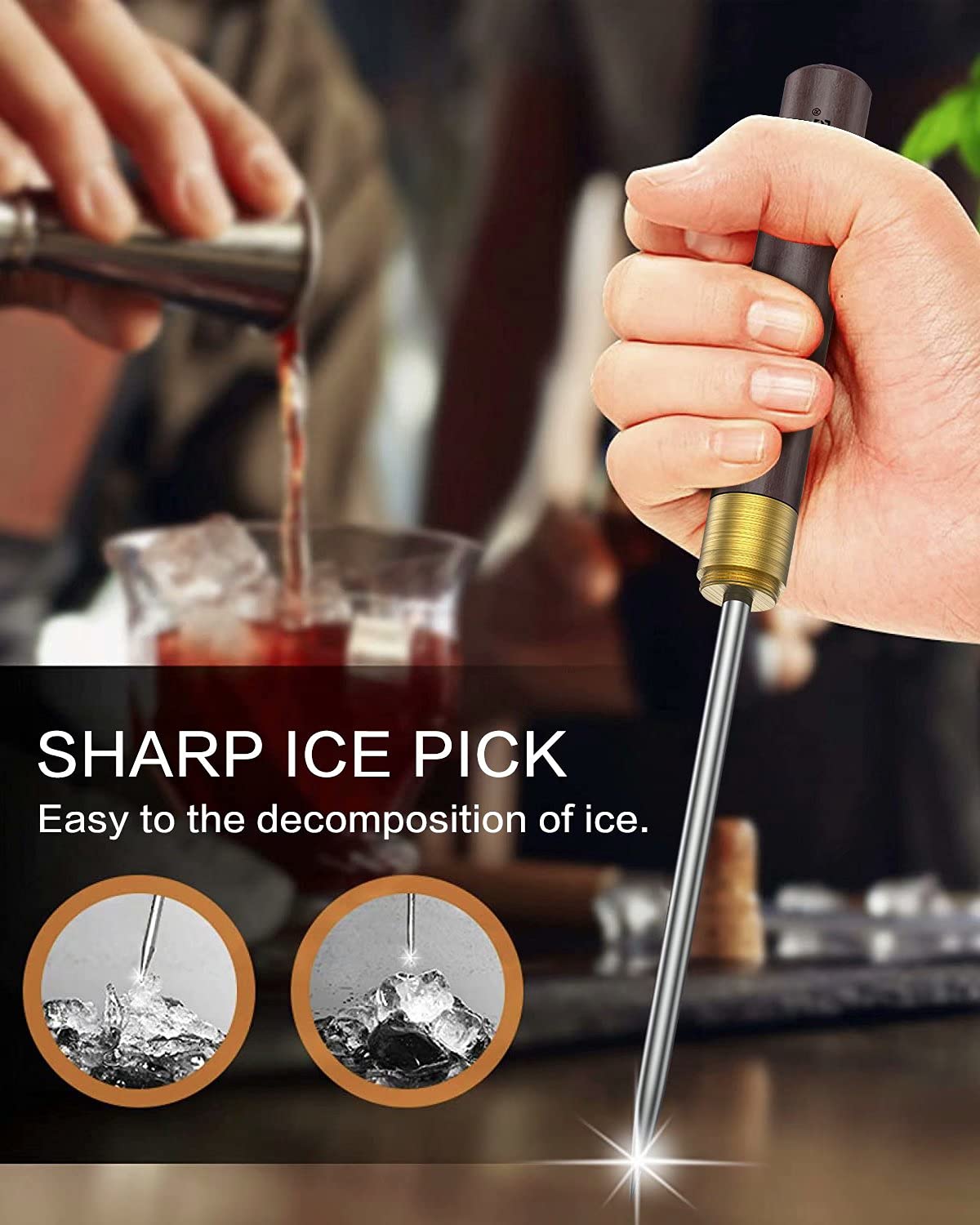Cicike Stainless Steel Ice Pick Tool with Non-Slip Wooden Handle, 9 Inches, Brown Safety Cover for Easy Grip