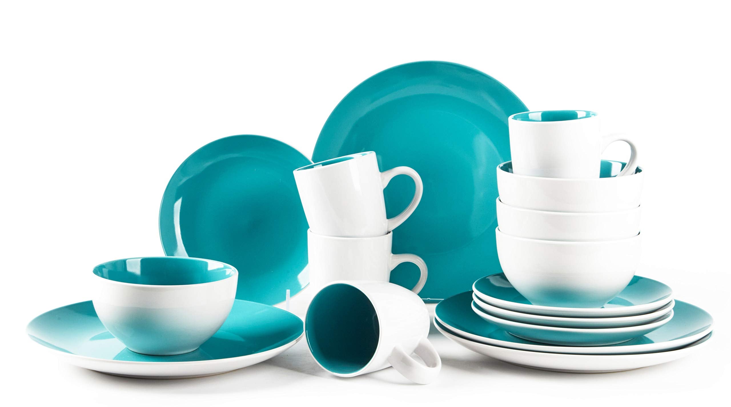 HomeVss, Stoneware Coupe Shape 16pc Dinnerware Set, Outside White + Inside Turquoise