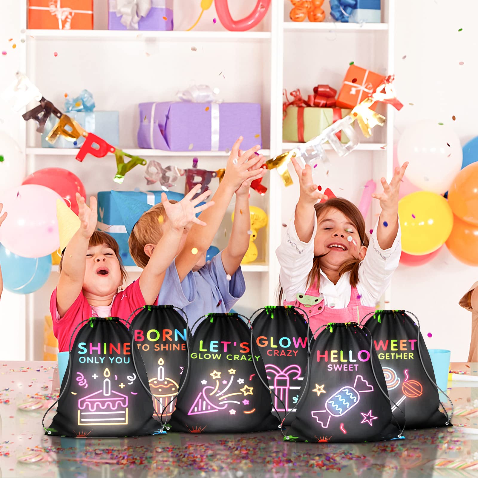 12 Pack Glow Party Supplies Favor Drawstring Bags for Kids' Birthday  Boys Girls Glow Neon Drawstring Backpack Bag as Loot and Goodie bags for Gifts  Treat  Candy  School  Travel or Theme Birthday Party Decorations