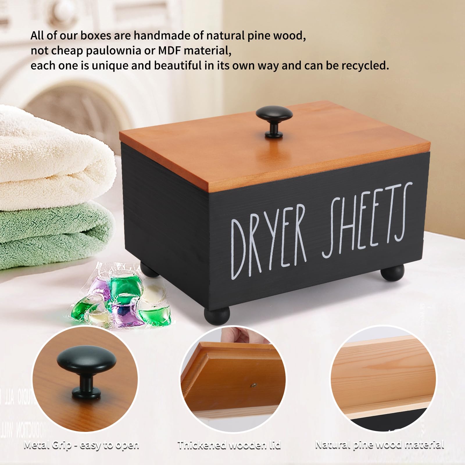 Eniffbaa Dryer Sheet Box With Lid, Dryer Sheet Holder Dispenser Container, Laundry Room Decor, Wood Box For Laundry Room Organiz