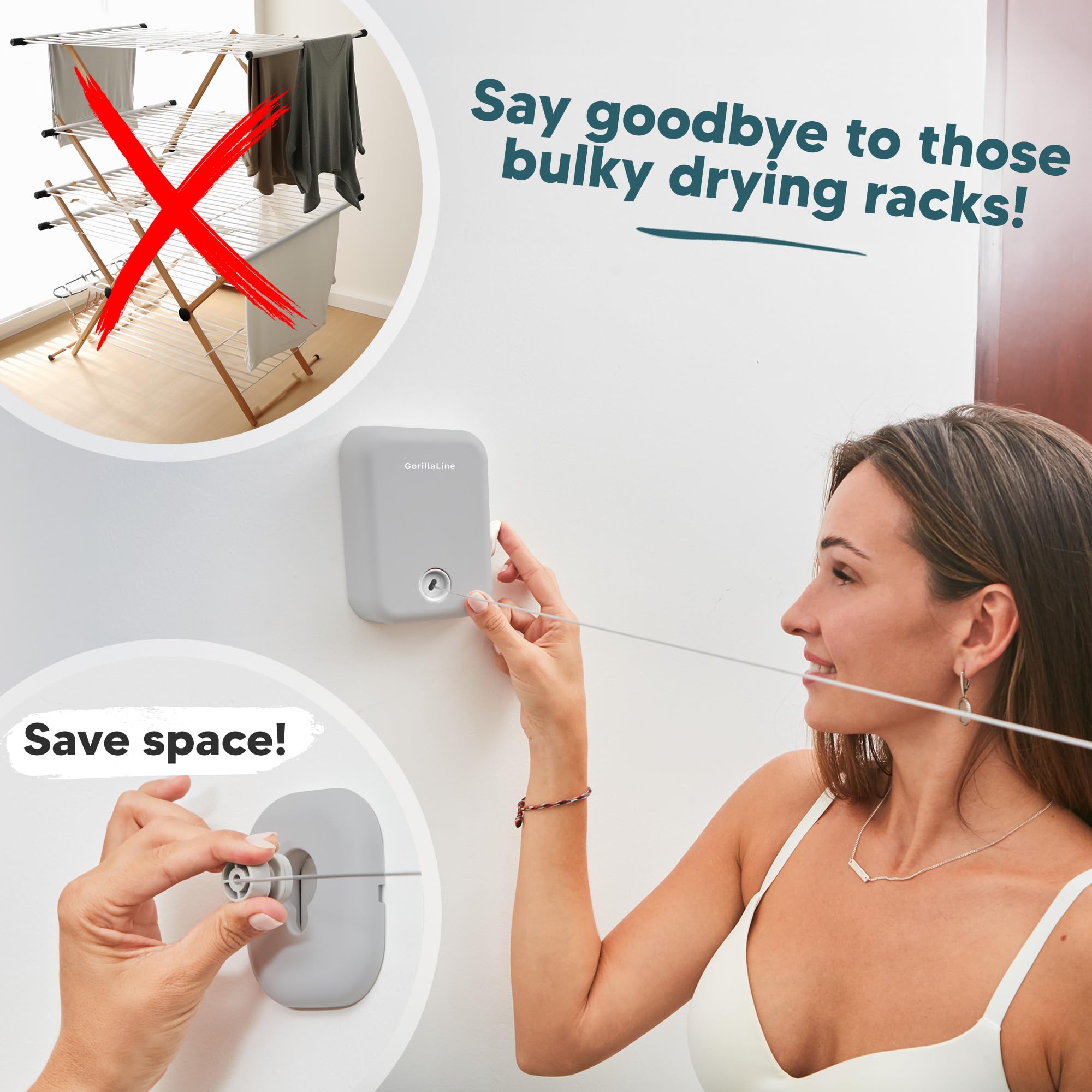GorillaLine Retractable Clothesline - Heavy Duty Wall Mounted Drying Rack - Medium Light Grey Stainless Steel