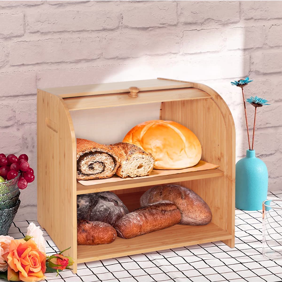 Purbambo Bamboo Bread Box For Kitchen Countertop, Double Layer Roll-Top Bread Storage Boxes Food Keeper With Adjustable Middle S