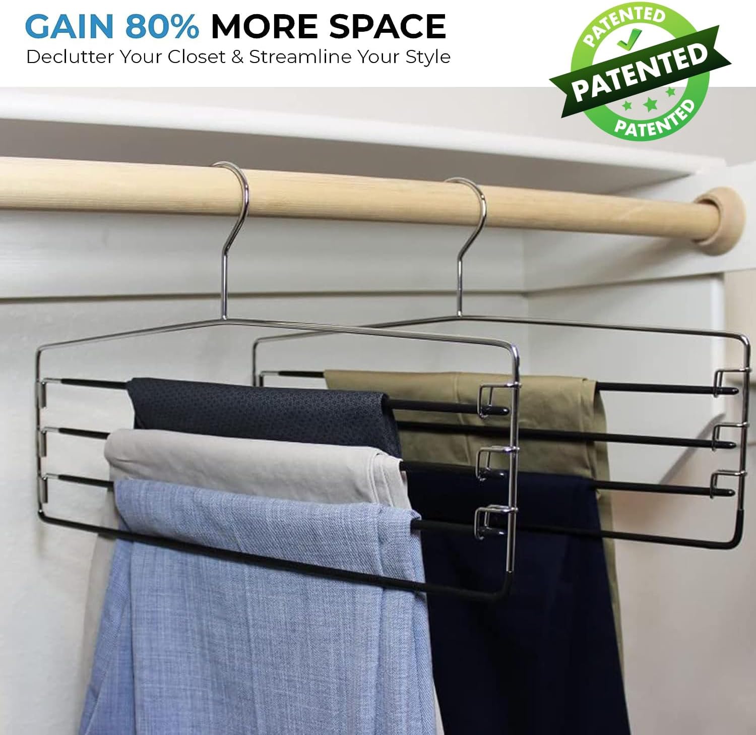 4-Tier Folding Pants Hanger with Non-Slip Padded Bars, Chrome Steel, Chrome Silver