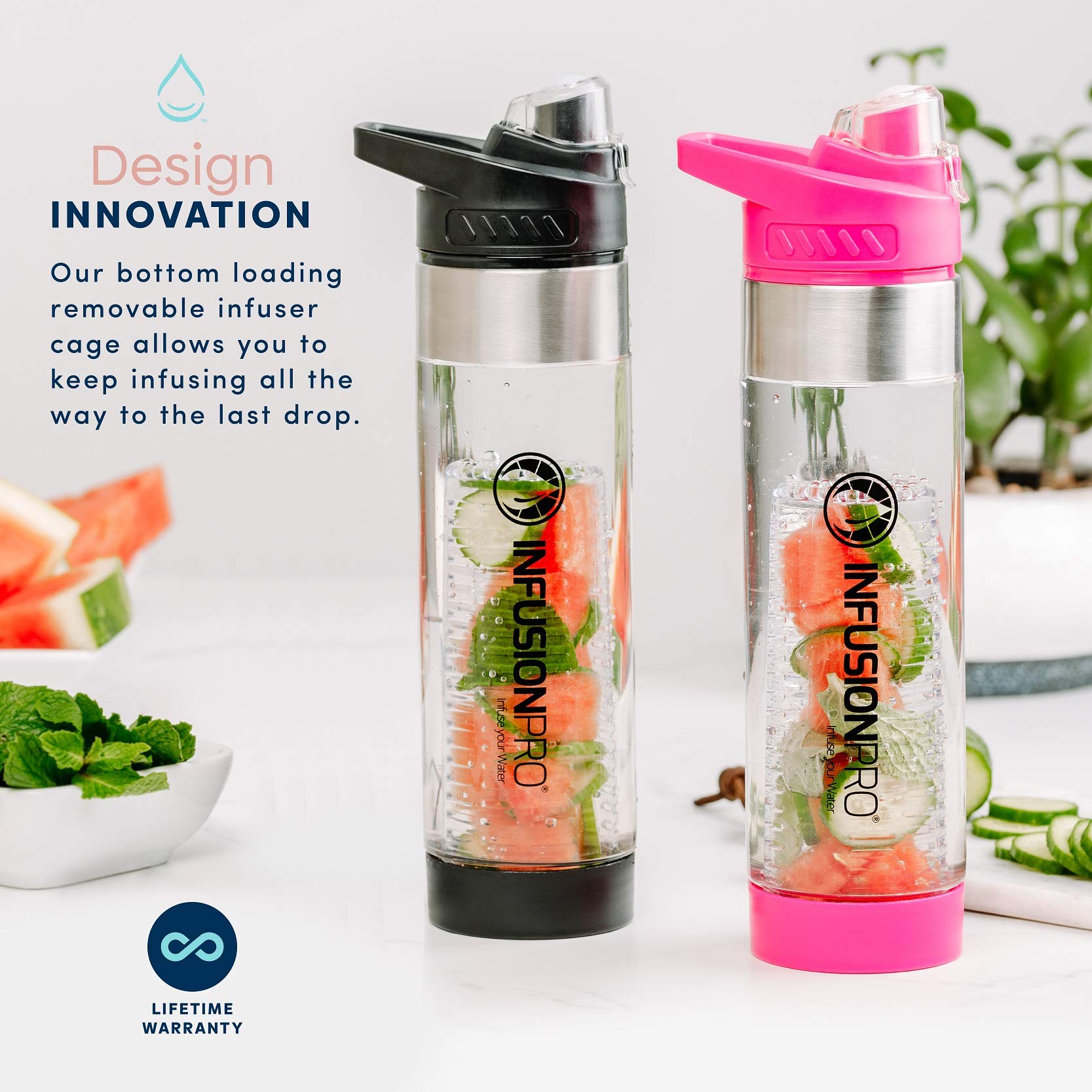Infusion Pro 24 Oz Fruit Infuser Water Bottle With Flavor Infuser, 2 Pack, Flip Top Lid, Insulated Sleeve & Fruit Infused Water
