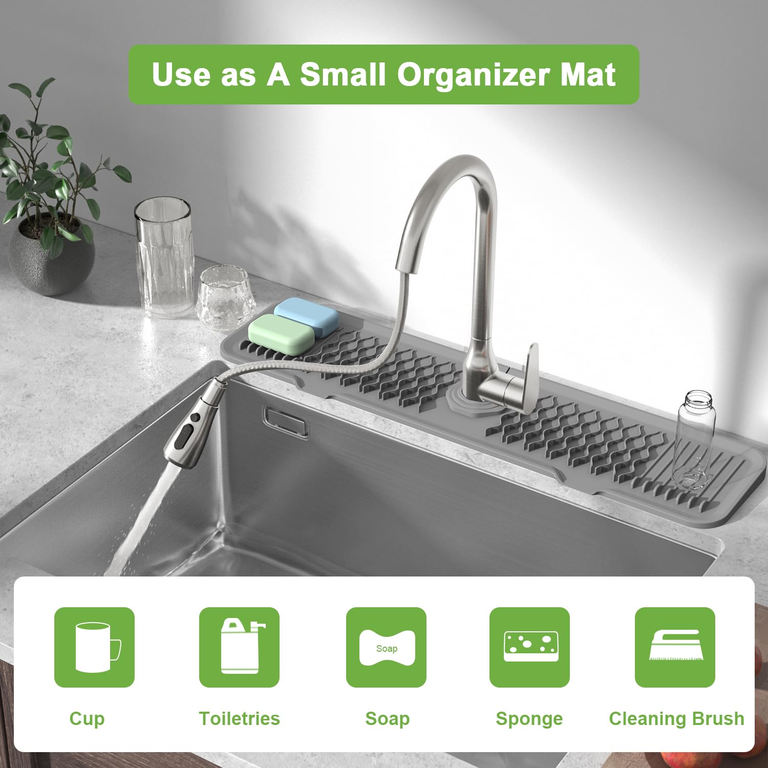 Mhyaludo Kitchen Sink Splash Guard, 24 Inches 5Slope 100% Food Grade Silicone Sink Faucet Mat Handle Drip Catcher Tray, Faucet A