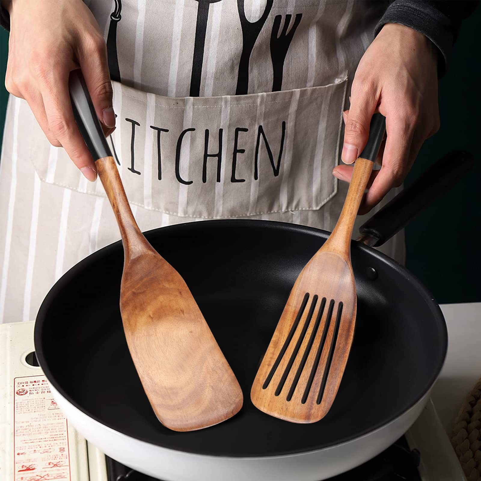 2 Pcs Best Wooden Spatula Set For Cooking Kitchen Slotted Turner Spatula Flat Wood Wok Spatula Non Stick Cooking Utensils For Fr