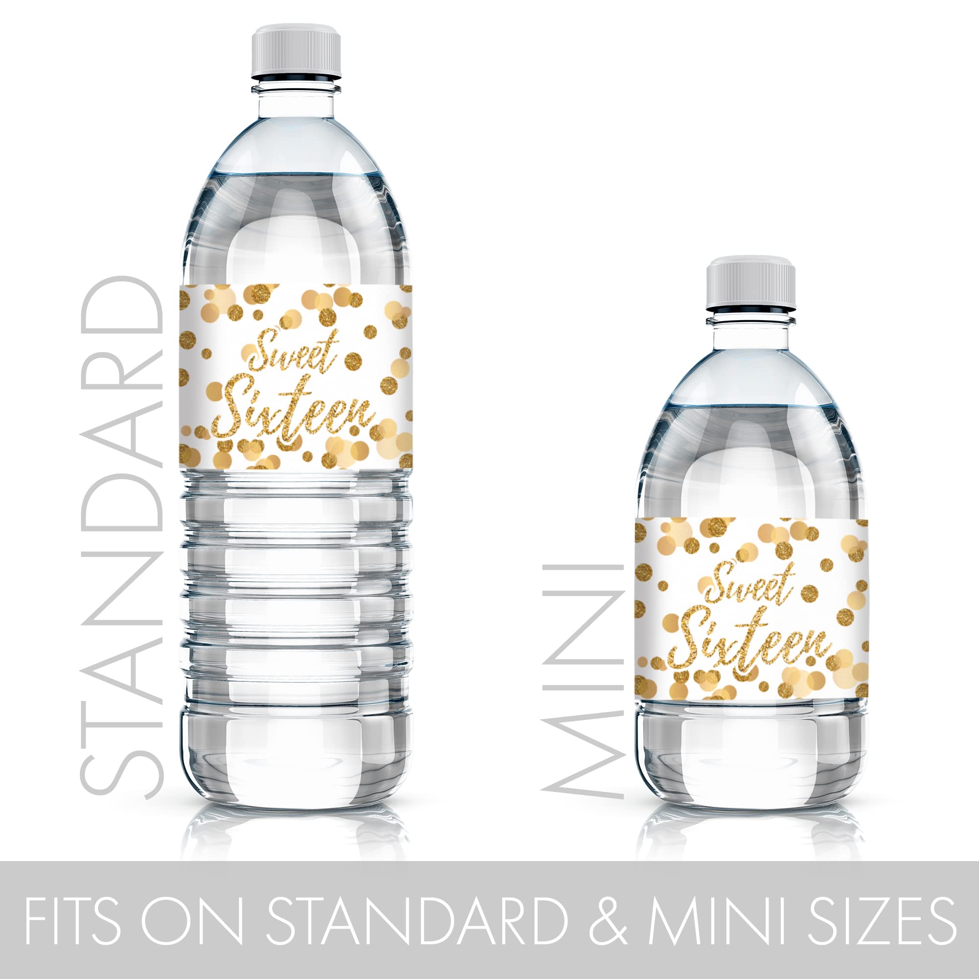 White And Gold 16Th Birthday Sweet Sixteen Party Water Bottle Labels - Waterproof Wrappers - 24 Stickers