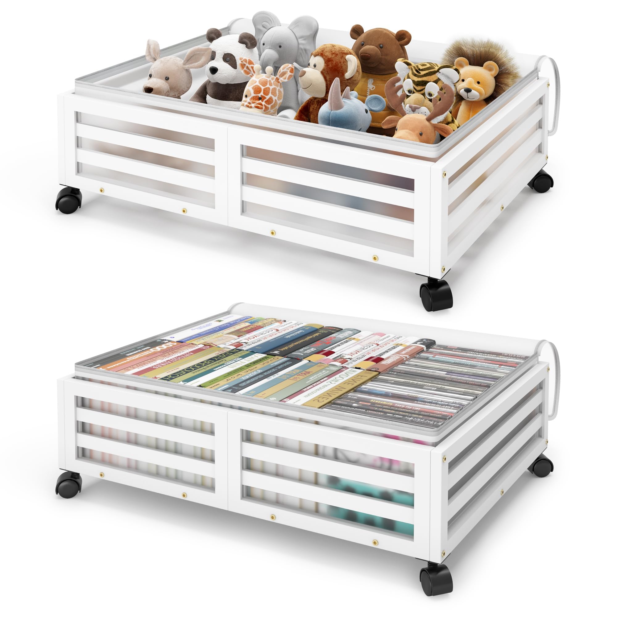 Under Bed Storage Containers - Bamboo Underbed Storage with Dust Bags | Under Bed Storage with Wheels | Stackable Under Bed Shoe