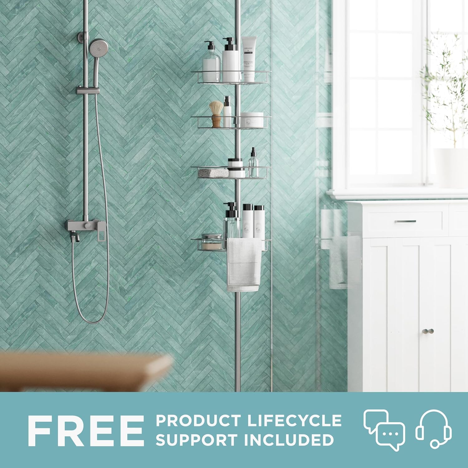 Zenna Home Tension Pole Shower Caddy 4 Basket Shelves with Built-in Towel Bars  Adjustable  60 to 97 Inch  Satin Nickel