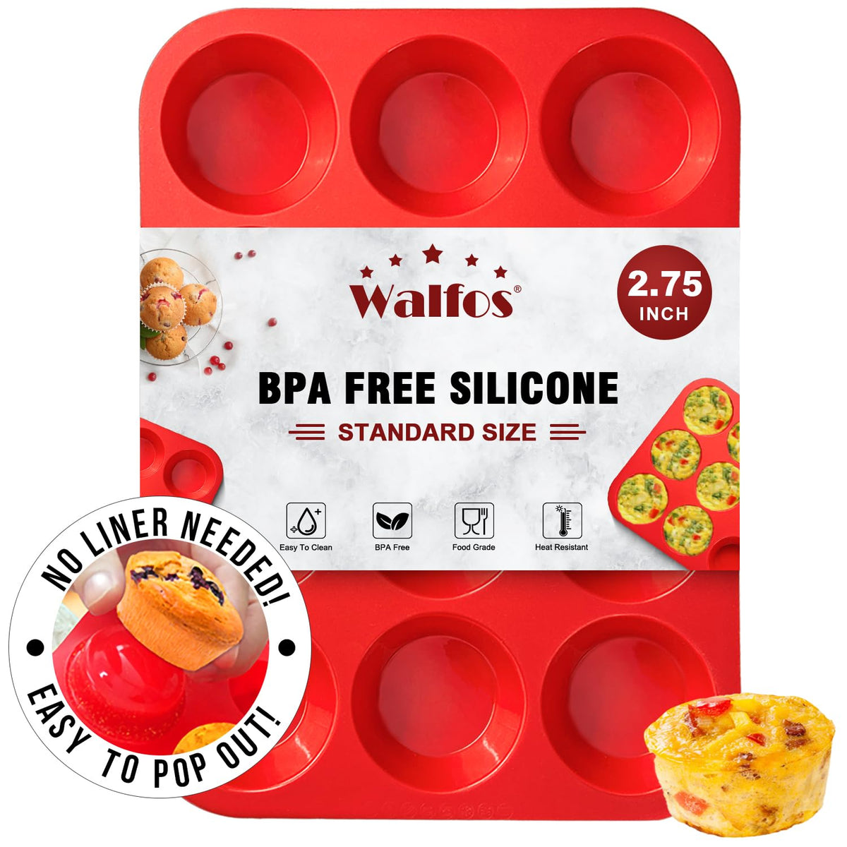 Walfos Silicone Muffin Pan - 12 Cups Regular Silicone Cupcake Pan, Non-Stick Silicone Great For Making Muffin Cakes, Tart, Bread