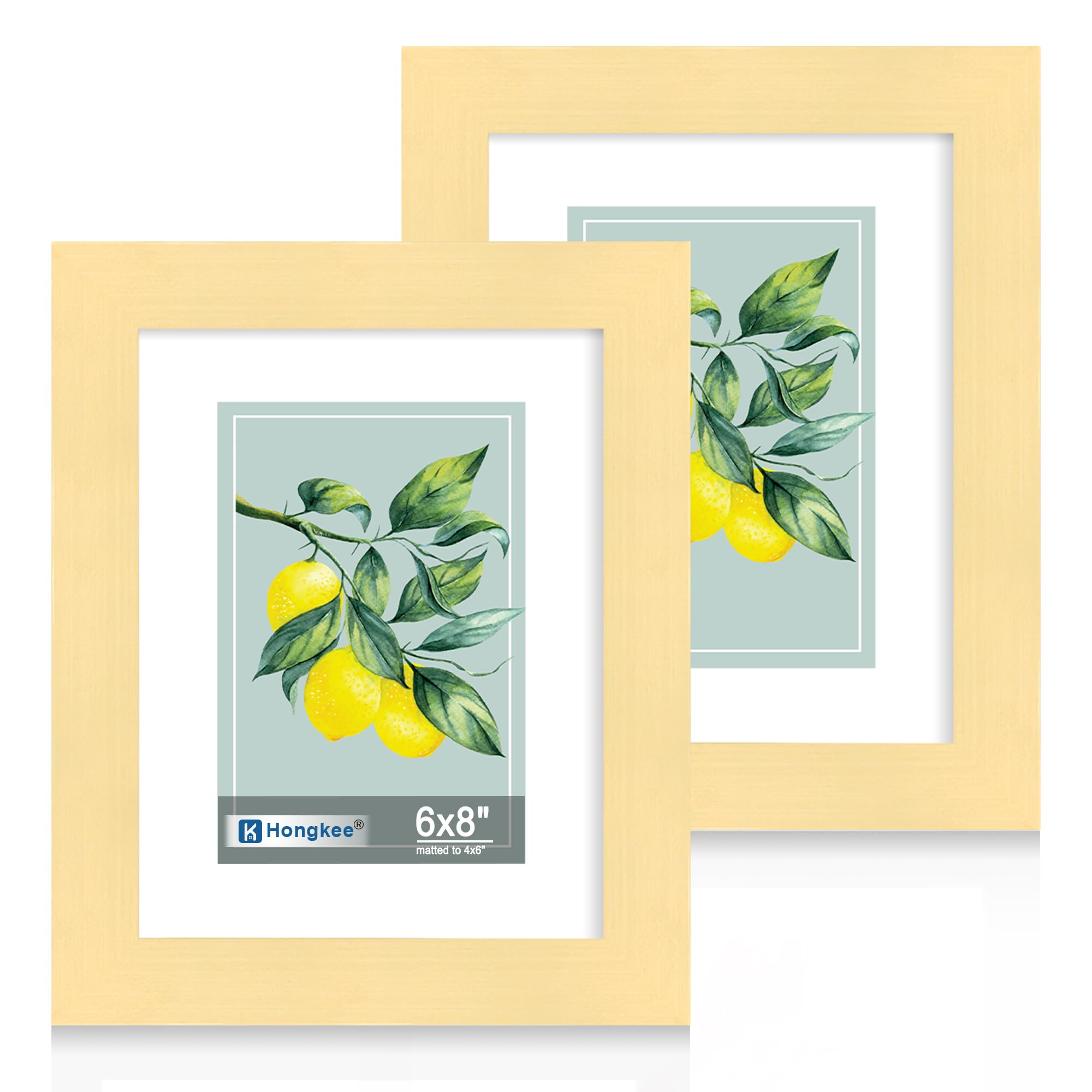 Hongkee 6x8 Picture Frame Set of 2, Made of Real Glass and Gold Wooden Frame - Display Pictures 4x6 with Mat or 6x8 Without Mat,