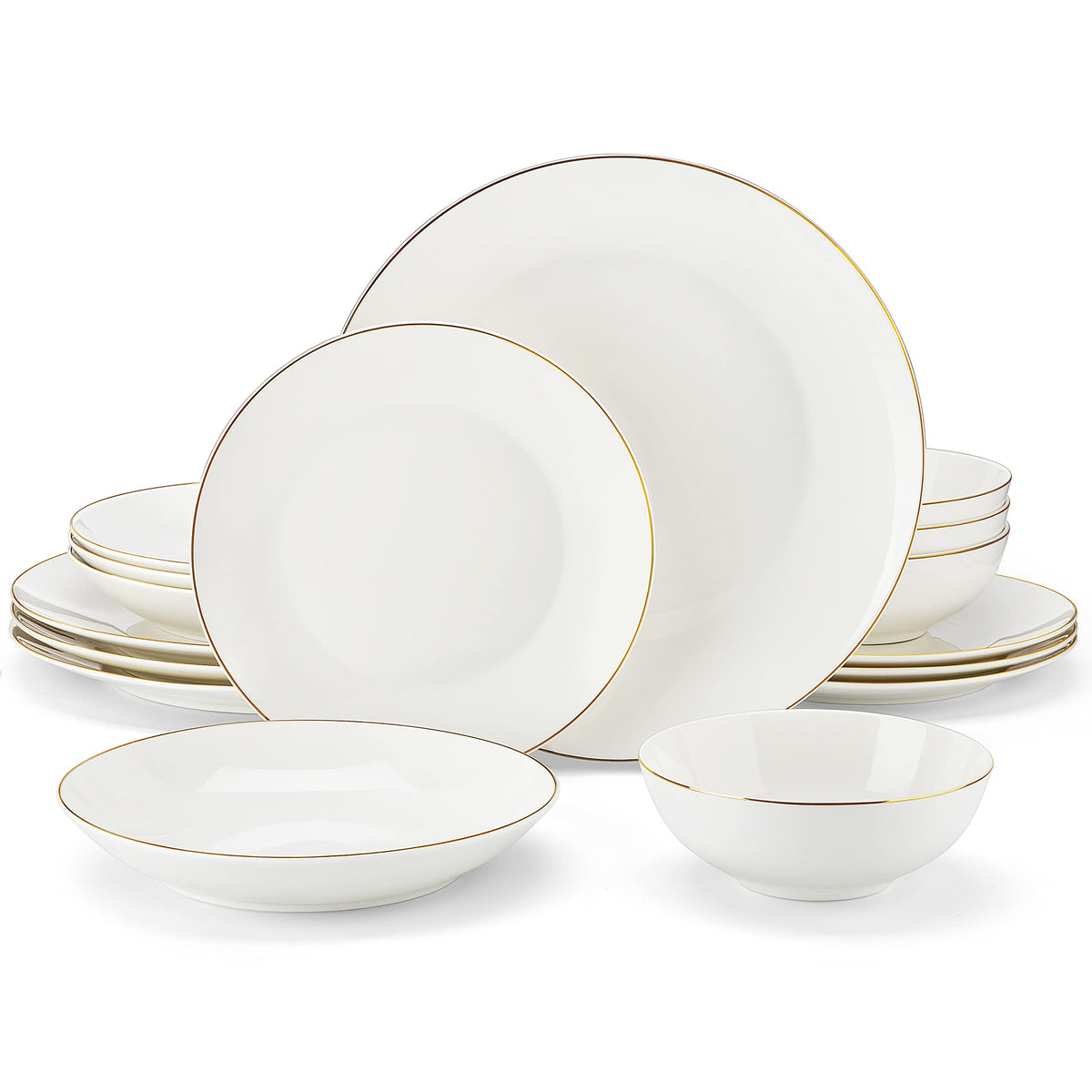 MALACASA Bone China Dinnerware Set, 16 Pieces Plates and Bowls Sets with Gold Rim, Cream-White Dinner Plate for Dessert Soup and