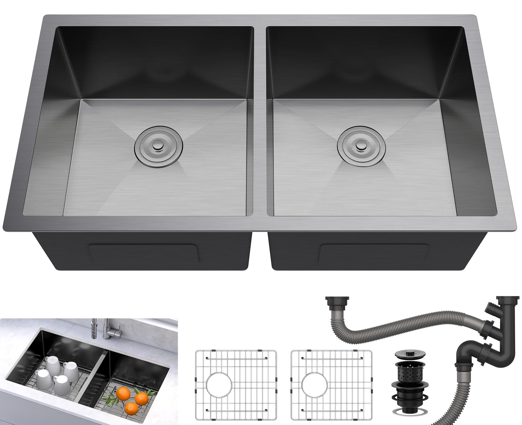 Yitahome Black Kitchen Sink 33In Undermount Sink 50/50 Double Bowl 16 Gauge Stainless Steel Nano Gunmetal Black Sink With Access