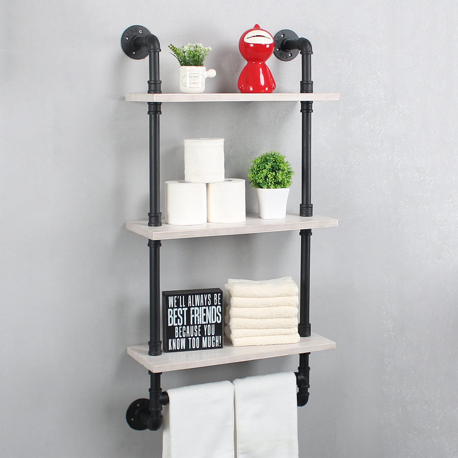 MBQQ Bathroom Shelves Wall Mounted 19.6in Rustic Wood Shelf with Towel Bar 3 Tier Farmhouse Towel Rack Over Toilet Pipe Shelving Floating Shelves Towel Holder Black & White