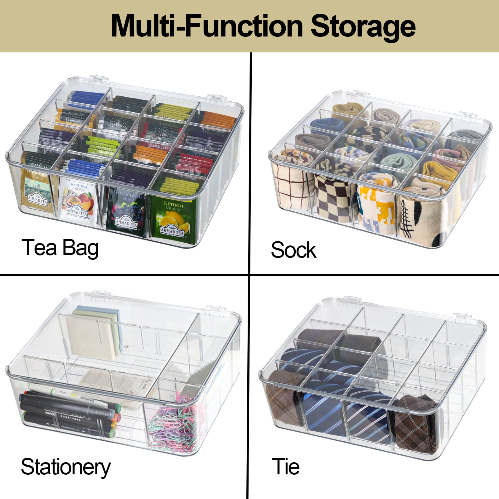 ZEXALOR Socks Underwear Drawer Organzier Dividers, 16 Compartment Removable Divided Plastic Storage Bin with Lid, Storage Organi