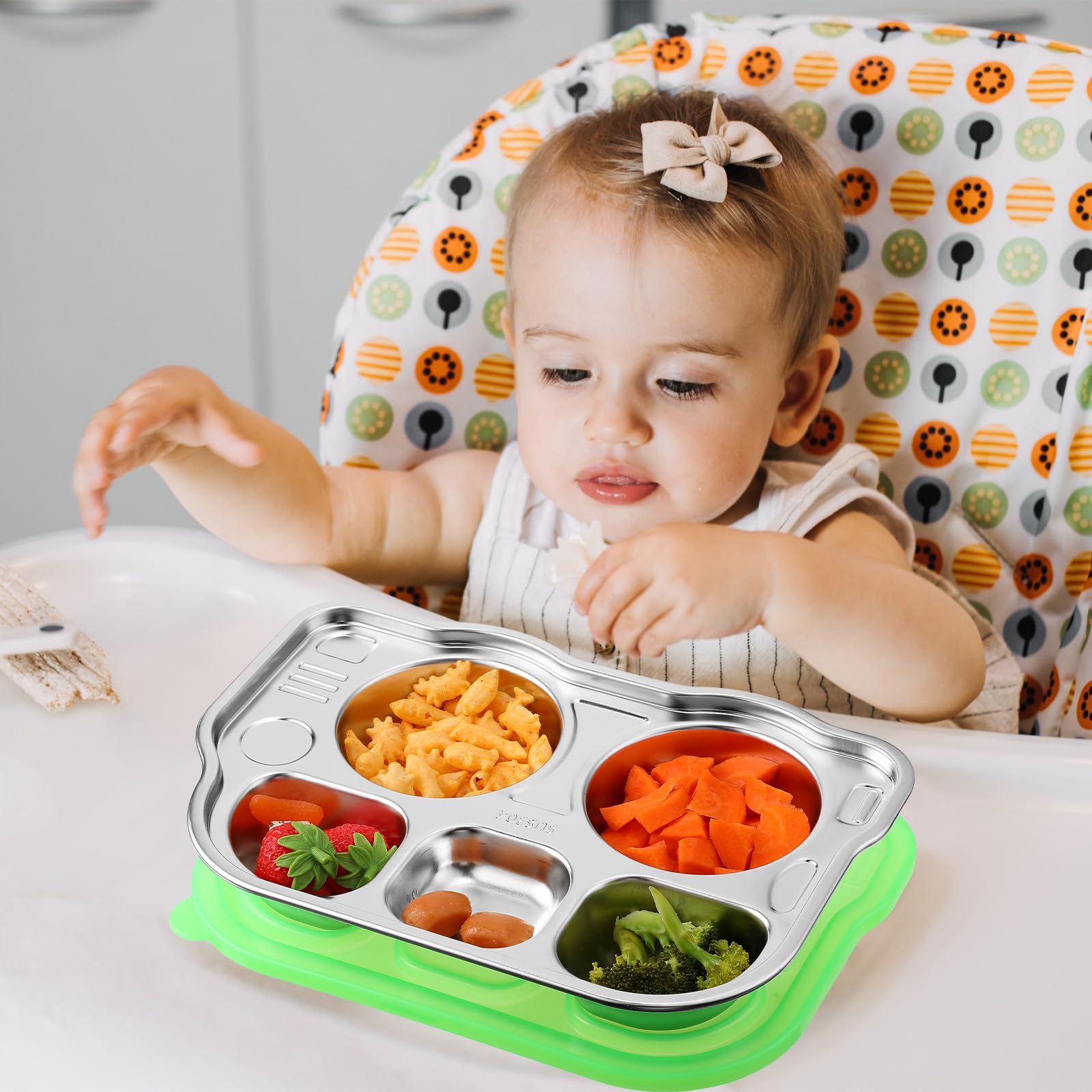 Layhit 4 Pcs Stainless Steel Divided Plate 5 Sections Divided Platter Kids Plates School Bus Shape Toddler Plates With Lids Dinn