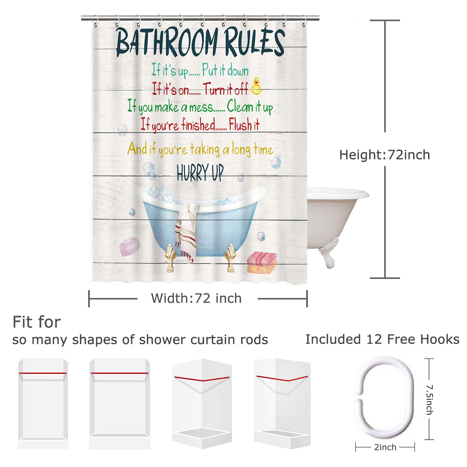 Rosielily Kids Shower Curtain, Girls Shower Curtain, Boys Shower Curtain, Funny Words Teen Motivational Shower Curtains, 72W X 7