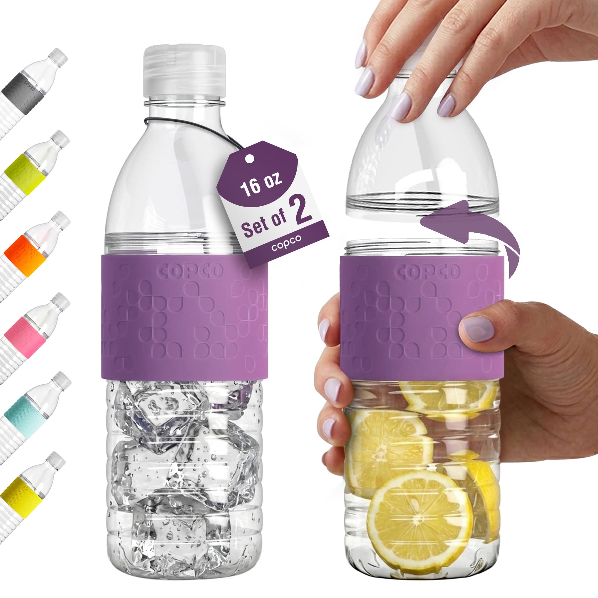 Copco Hydra 16 oz Water Bottle, Set of 2 - Leak Proof, BPA Free Tritan, Dishwasher Safe, Twist-Open Body, Non-Slip Silicone Grip