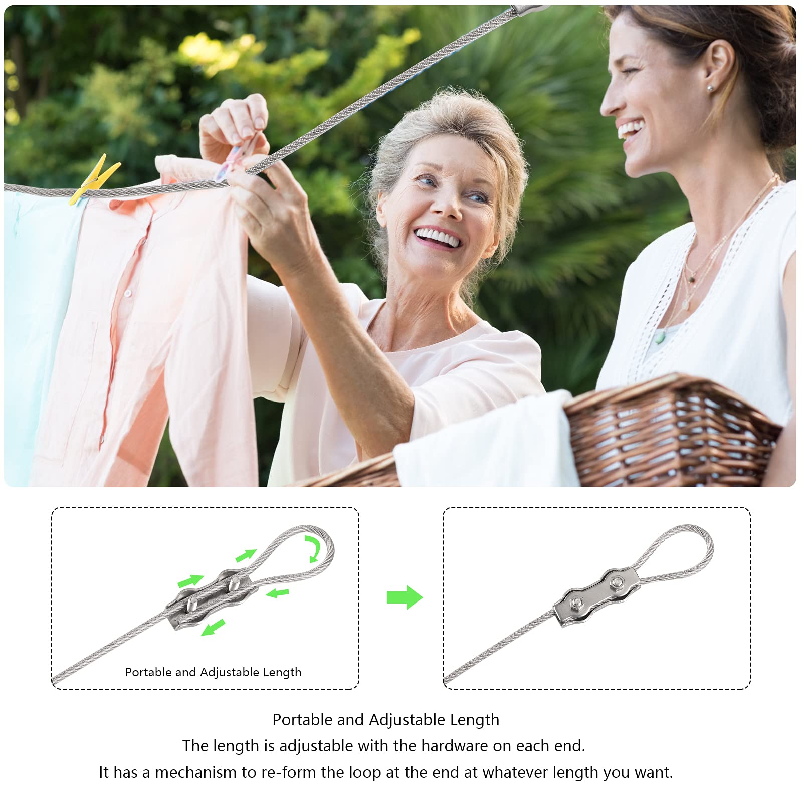 Clotheslines,20Ft Portable Windproof Clothes Rope Line With Stainless Steel Cable Tightener System Multipurpose Heavy Duty Laund