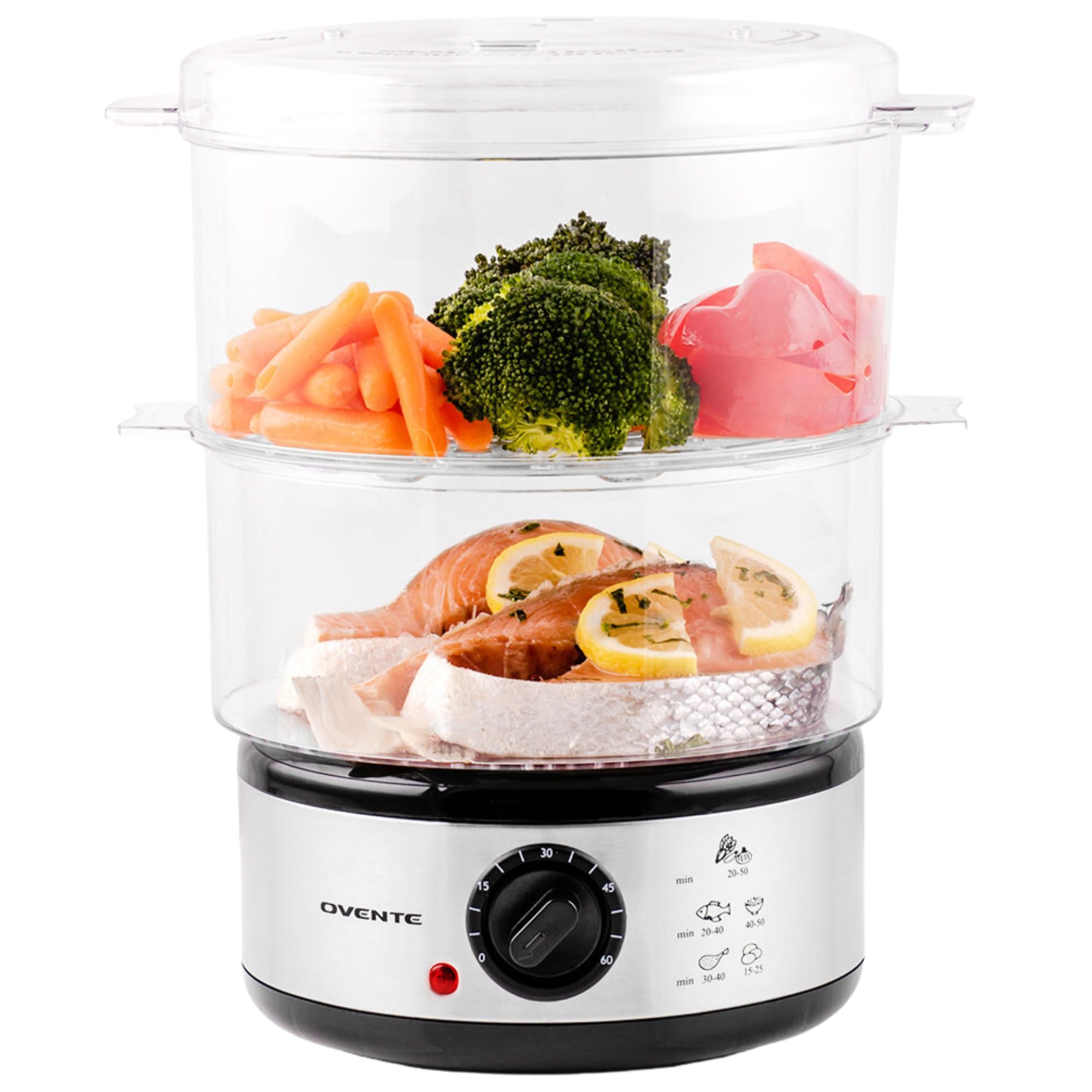 Ovente 2 Tier Electric Food Steamer For Cooking Vegetables, Stainless Steel Base, Stackable And Dishwasher Safe Baskets, 400W Wi