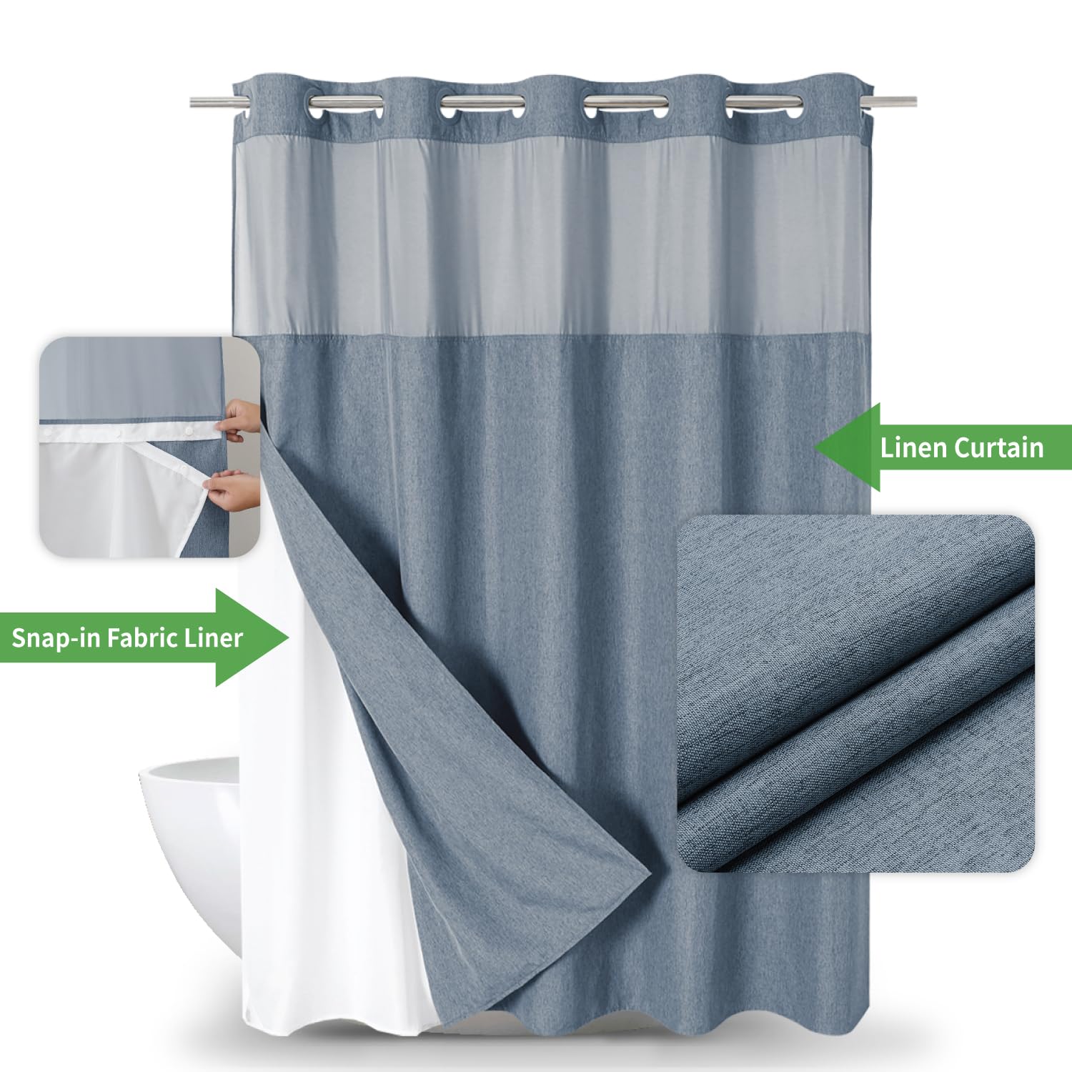 Eachope No Hooks Needed Linen Textured Shower Curtain With Snap-In Fabric Liner Set,Blue Grey Hotel Luxury Decor Shower Curtains