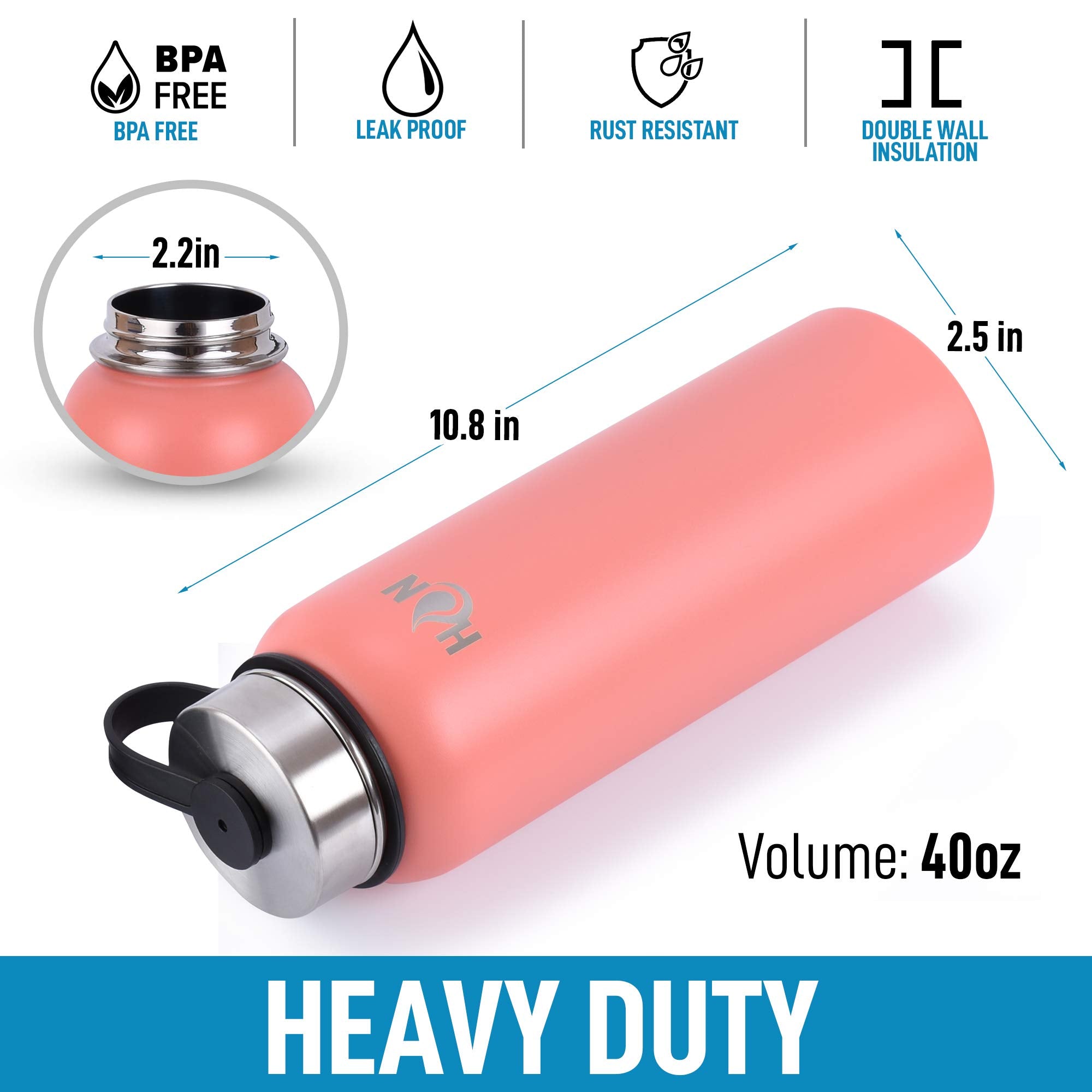 Hydration Nation 3 Lid 40 Ounce Vacuum Insulated Water Bottles With Straw - Metal Water Bottle For Sports & Outdoor - Thermo Sta
