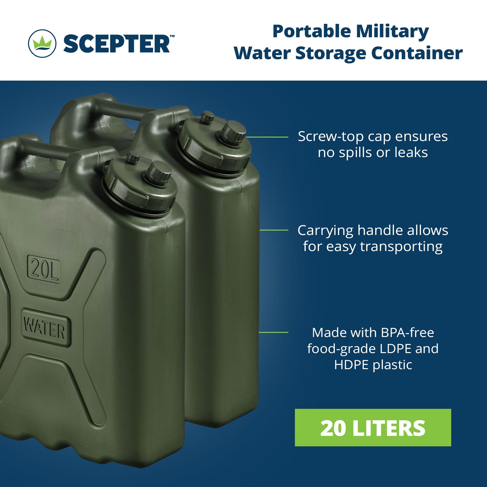 Scepter Durable 5 Gallon 20 Liter Portable Military Water Storage Container for Camping  Outdoors and Emergency Management  Green (2 Pack)