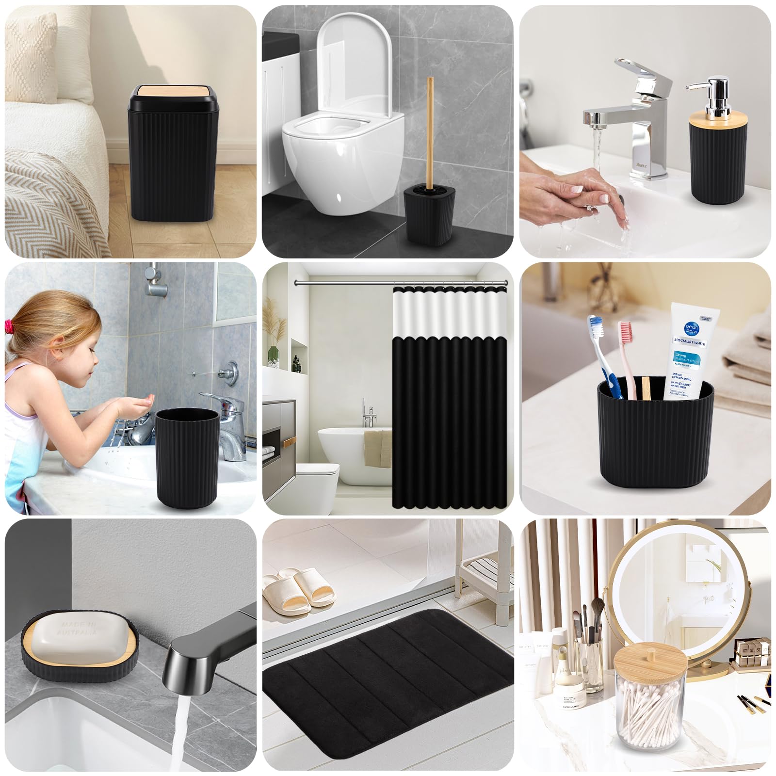 Complete Black Bathroom Accessories Set - Waffle Shower Curtain With Liner, Velvet Memory Foam Bath Rug, Trash Can, Toilet Brush
