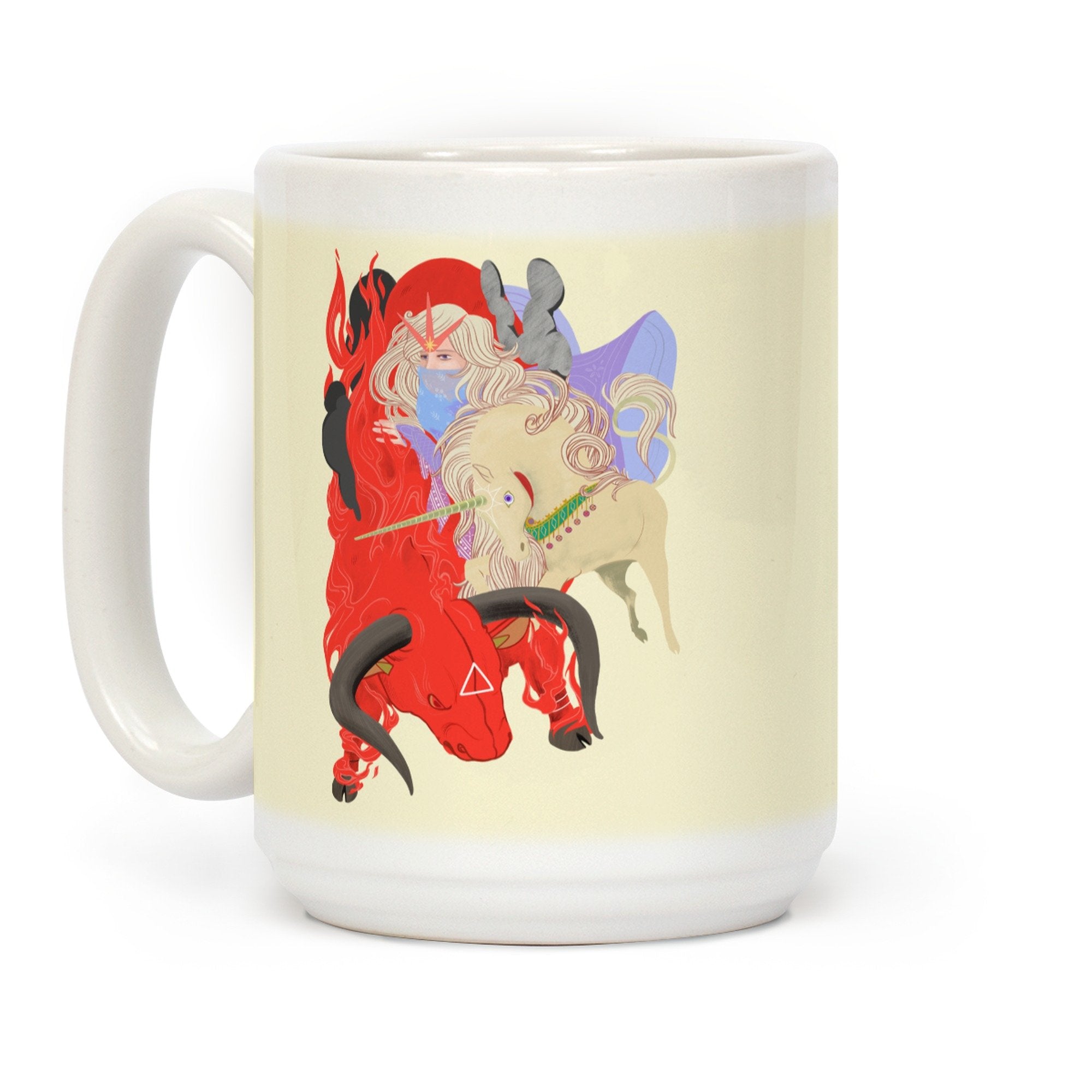 LookHUMAN The Last Unicorn And The Red Bull White 15 Ounce Ceramic Coffee Mug