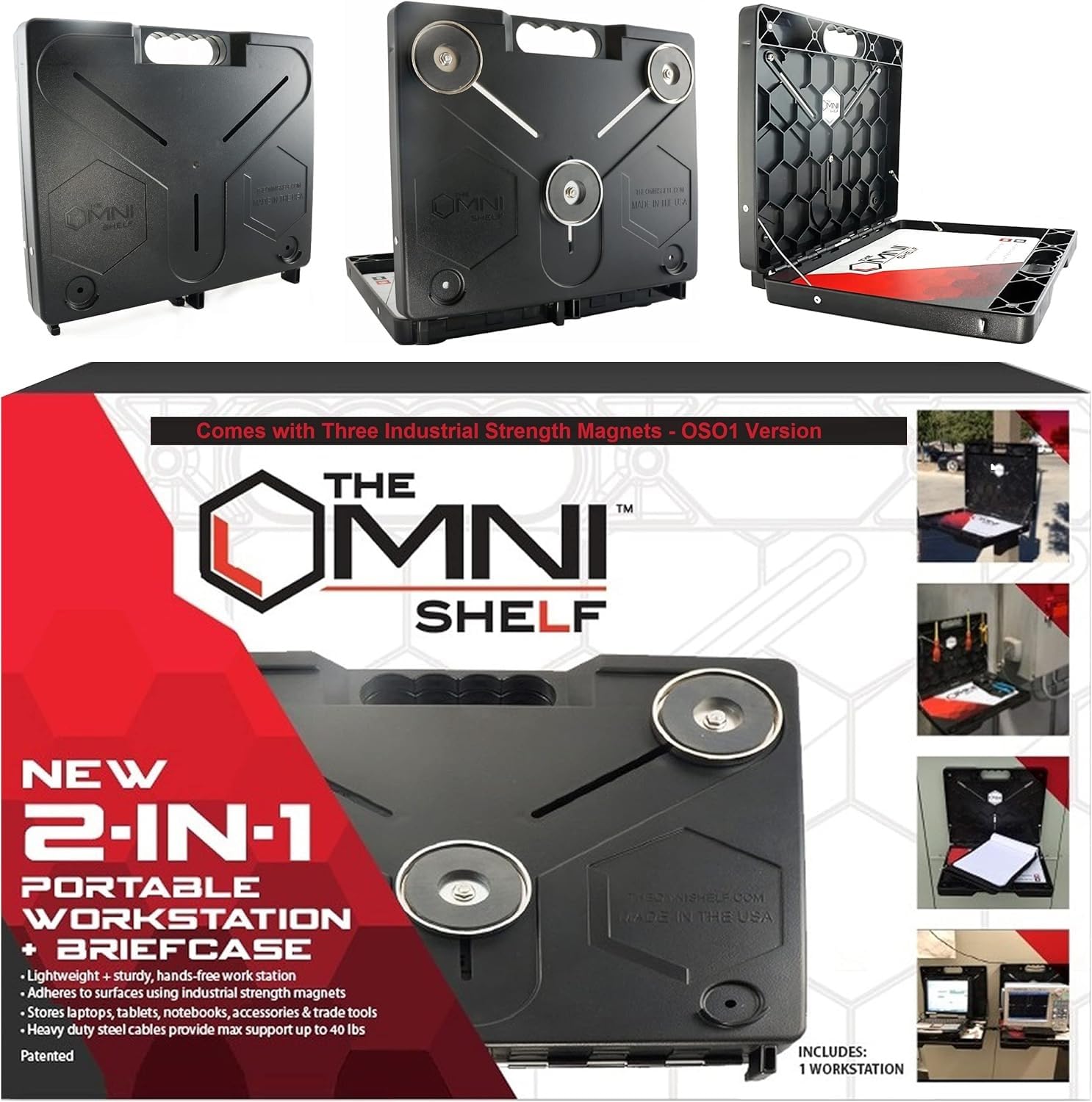 The OmniShelf Portable Workstation, Magnetic Toolbox, Laptop Stand w/ 50 lb Capacity, Hands Free Workstation, Attach to HVAC, Trucks, Walls, Poles etc. (Model # OSO1 - Magnets)-New Condition