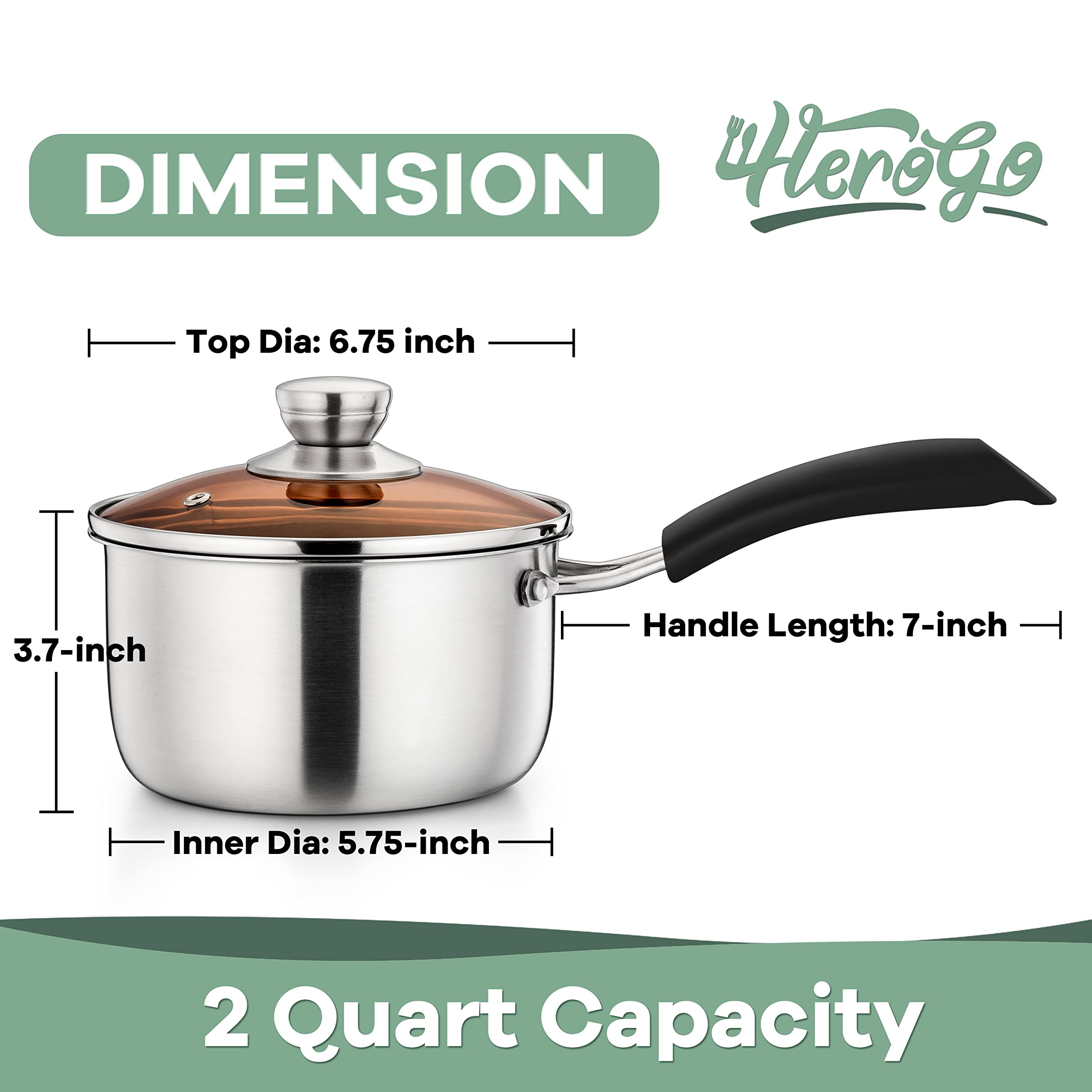 Herogo 2Qt Saucepan With Lid, 18/10 Stainless Steel Sauce Pan Pot, 2 Quart Saucepan For Gas Electric Stove Top Camping, Rust Fre