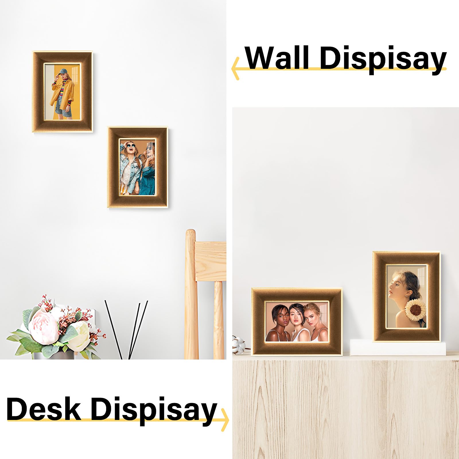 KSROECUD 4x6 Velvet Picture Frame, Brown Photo Frames with Modern Simple Metallic Gold Border, HD Real Glass Horizontal & Vertic