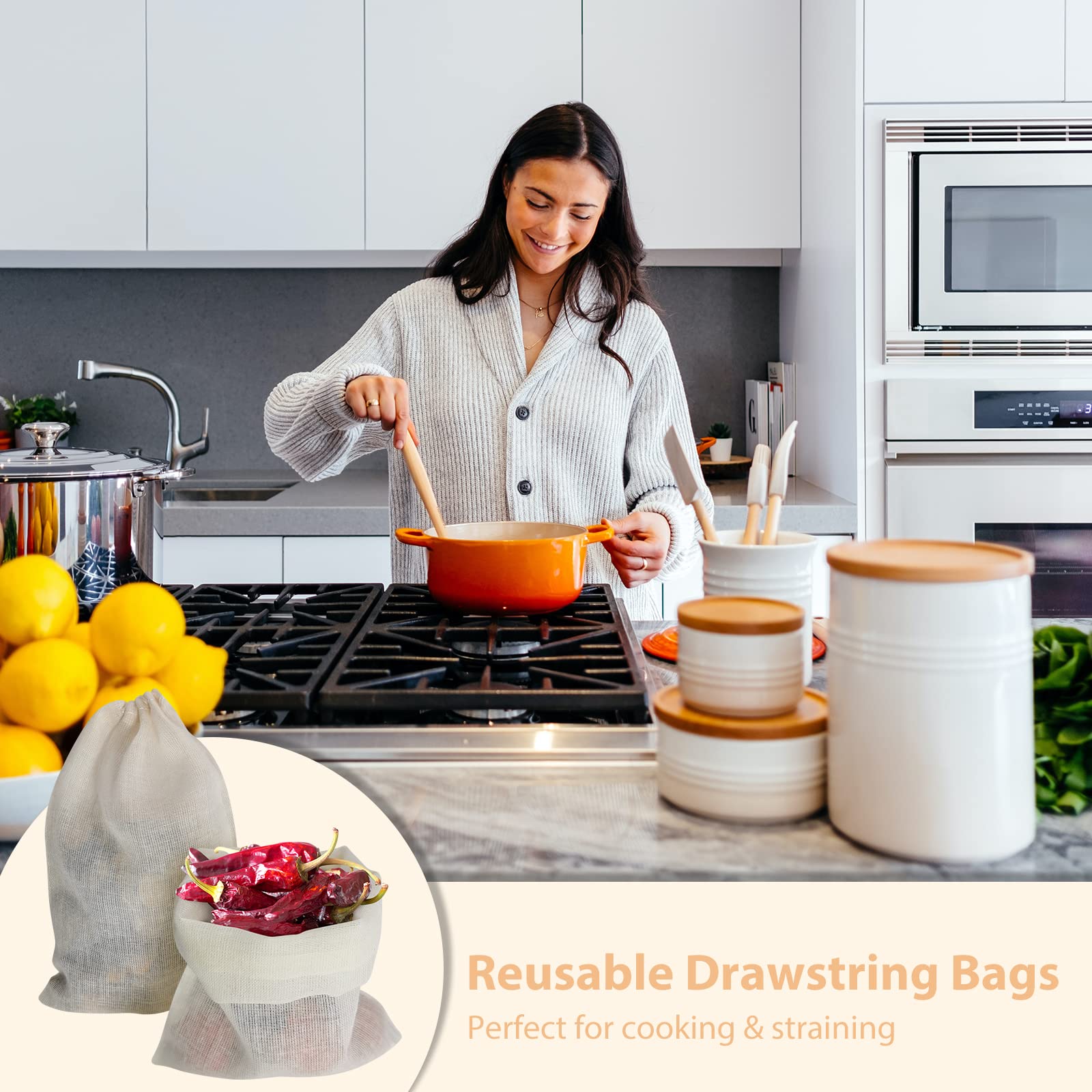 Snail Garden 55Pack Reusable Drawstring Bags For Cooking, Soup Gravy Broth Stew Bags With 1 Squeezer Tong, Cheesecloth Spice Bag