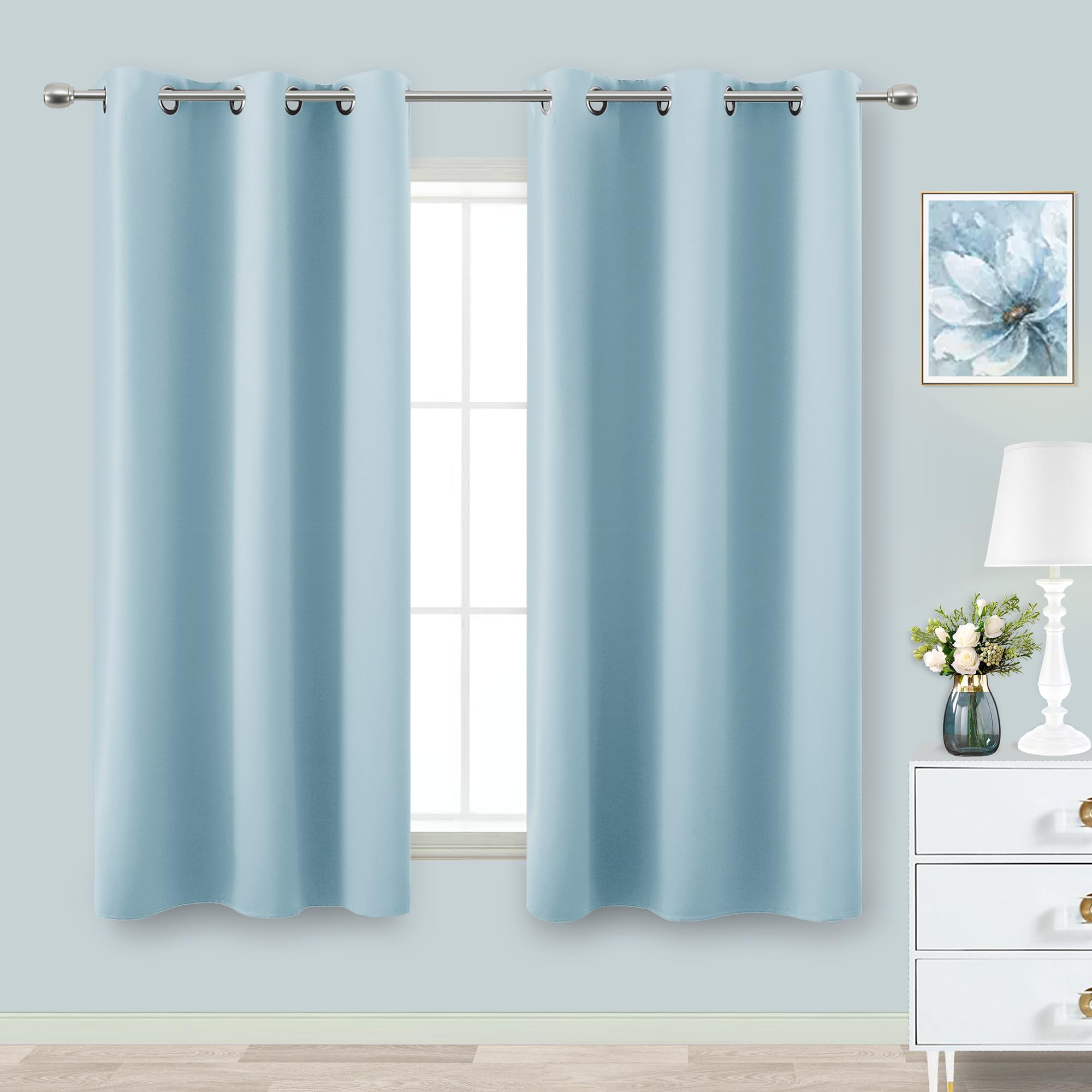 KOUFALL Baby Blue Curtains for Bedroom,Blackout Short Curtains for Nursery Boy Girls Bathroom Kitchen,45 Inch Length,Light Bluey