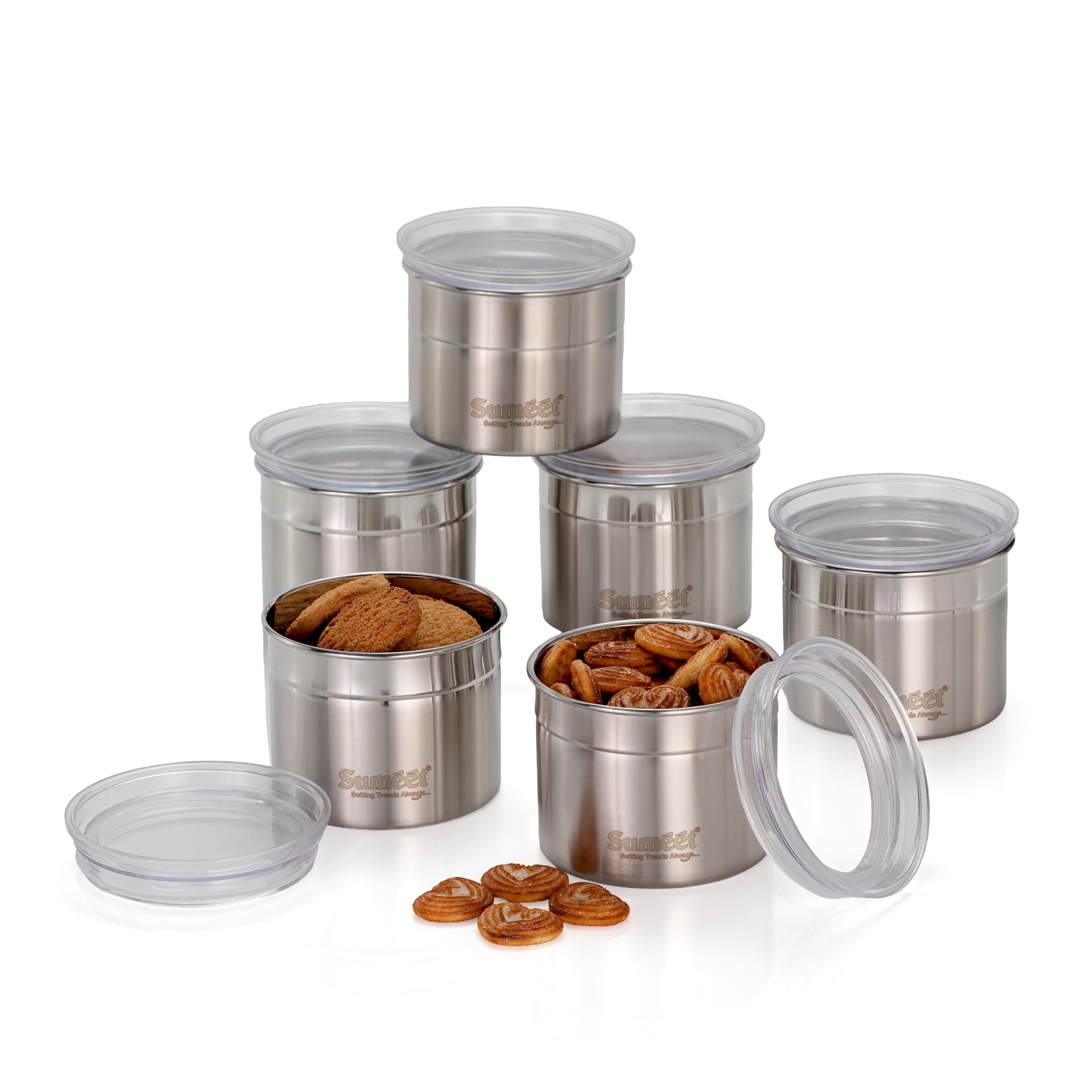 Sumeet Isi Certified Stainless Steel Small Canisters Dabba Storage Containers For Kitchen With See Through Air Tight Lid - Set Of 6 Pcs - 550Ml  10Cm Dia  Silver