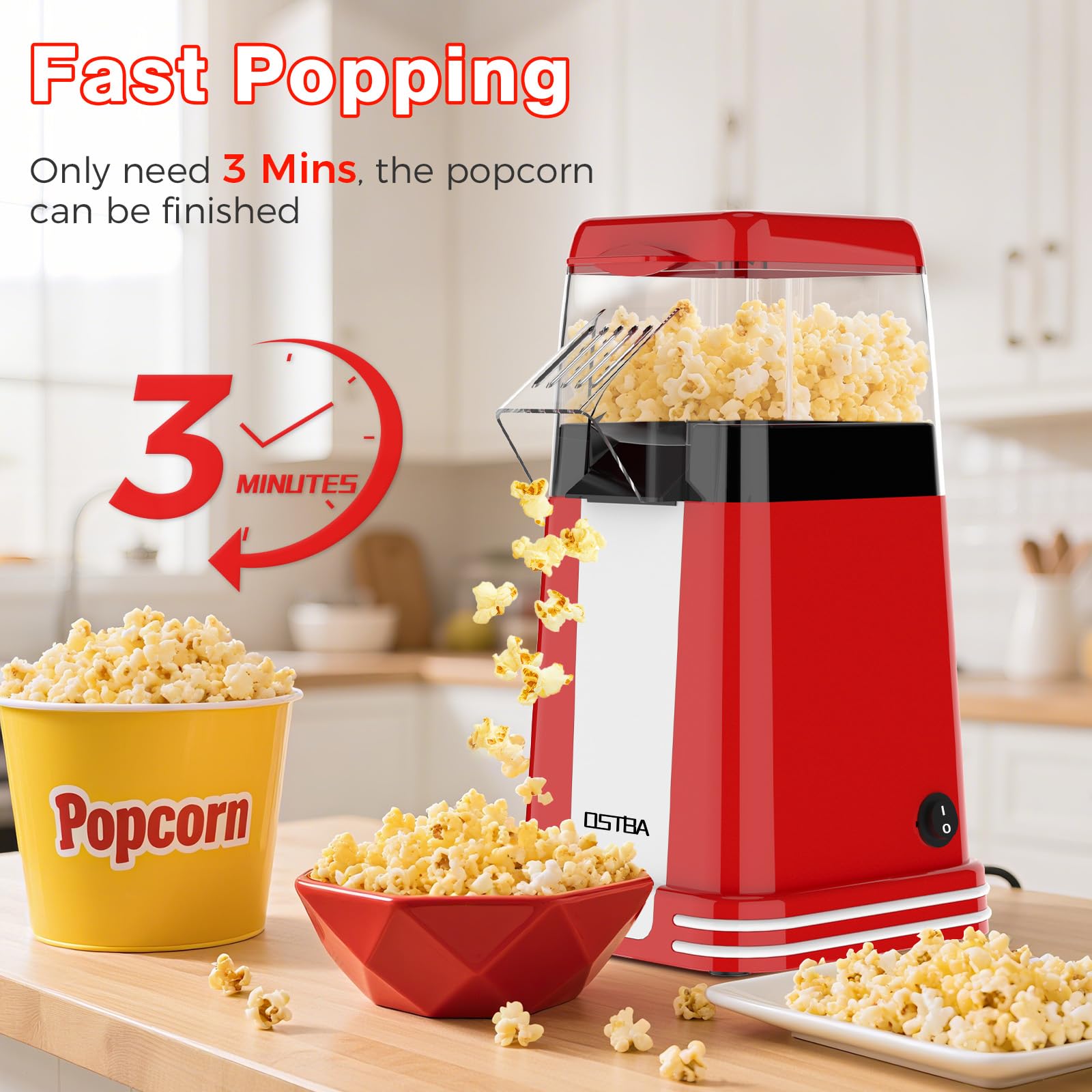 OSTBA Popcorn Maker, 1200W Mini Retro Air Popper Popcorn Machine, 12 Cups Hot Air Popcorn Popper Electric with Butter Tray, Oil-