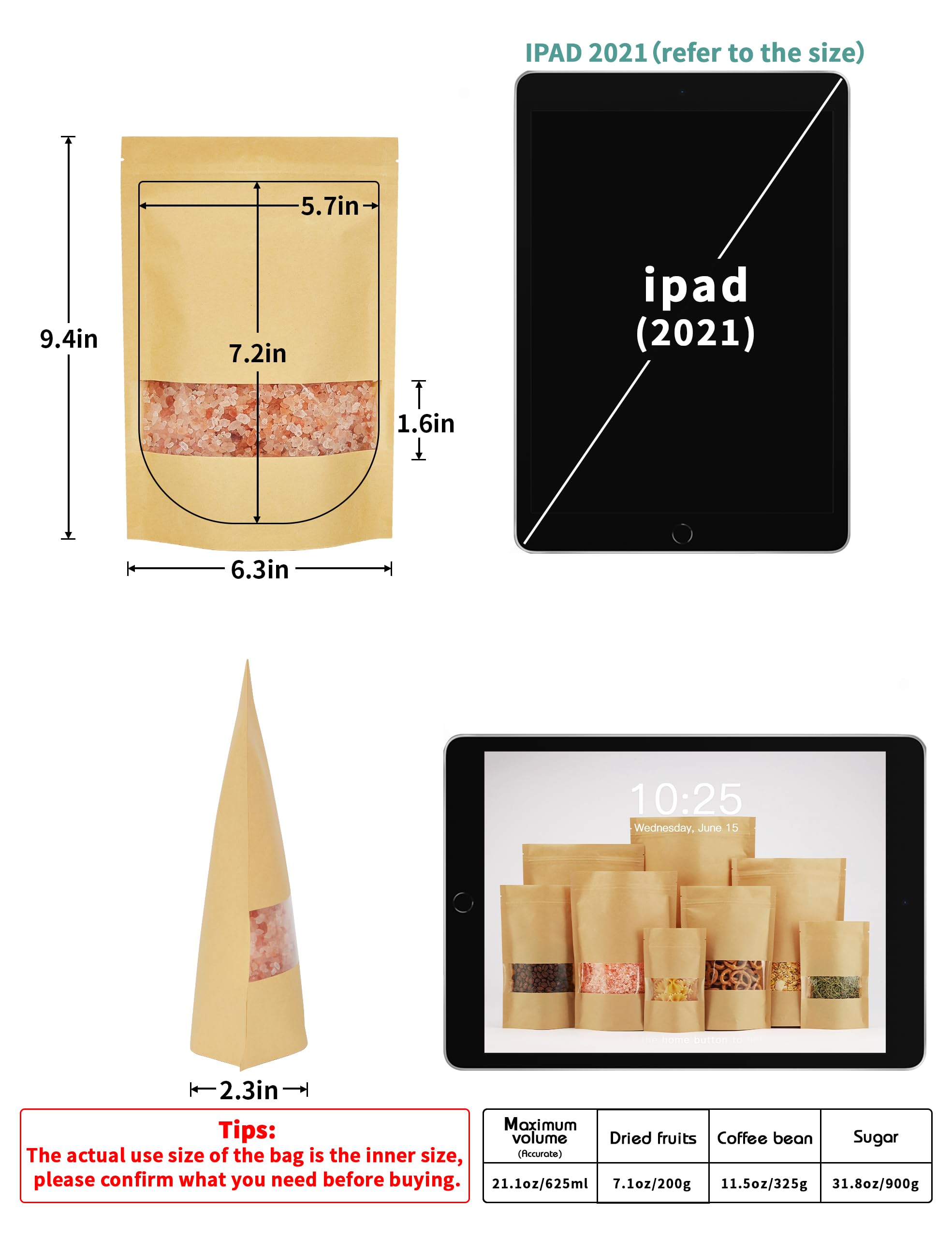 FireKylin 100 Pcs Kraft Paper Bags with Window  6.3'' x 8.6'' Stand Up Pouches Bags  Zip Lock Food Storage Bags for Packaging Products  Reusable  Sealable