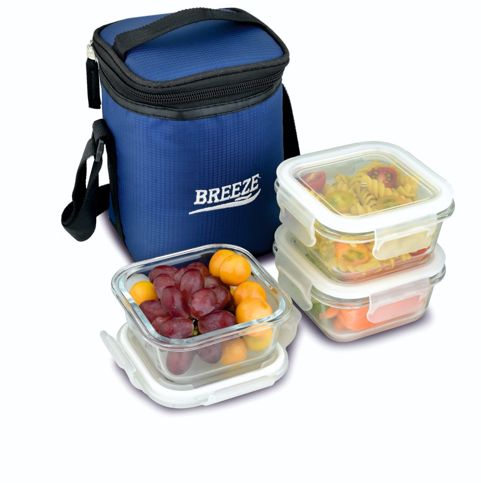 Breeze Borosilicate Glass Lunch Box Set, 3 Square Containers, 320Ml *3, LeakProof With Side Lock Clips And Insulated Carry Bag