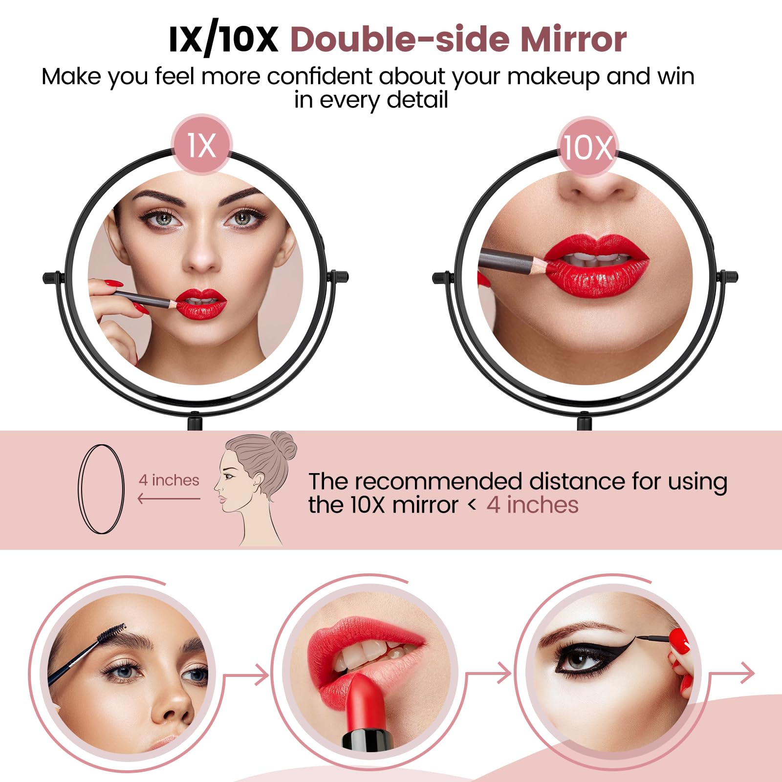 Aumvum 8'' Vanity Mirror With Lights Rechargeable, 1X/10X Magnifying Mirror With Light Double Sided Touch Screen 3 Colors 54 Led