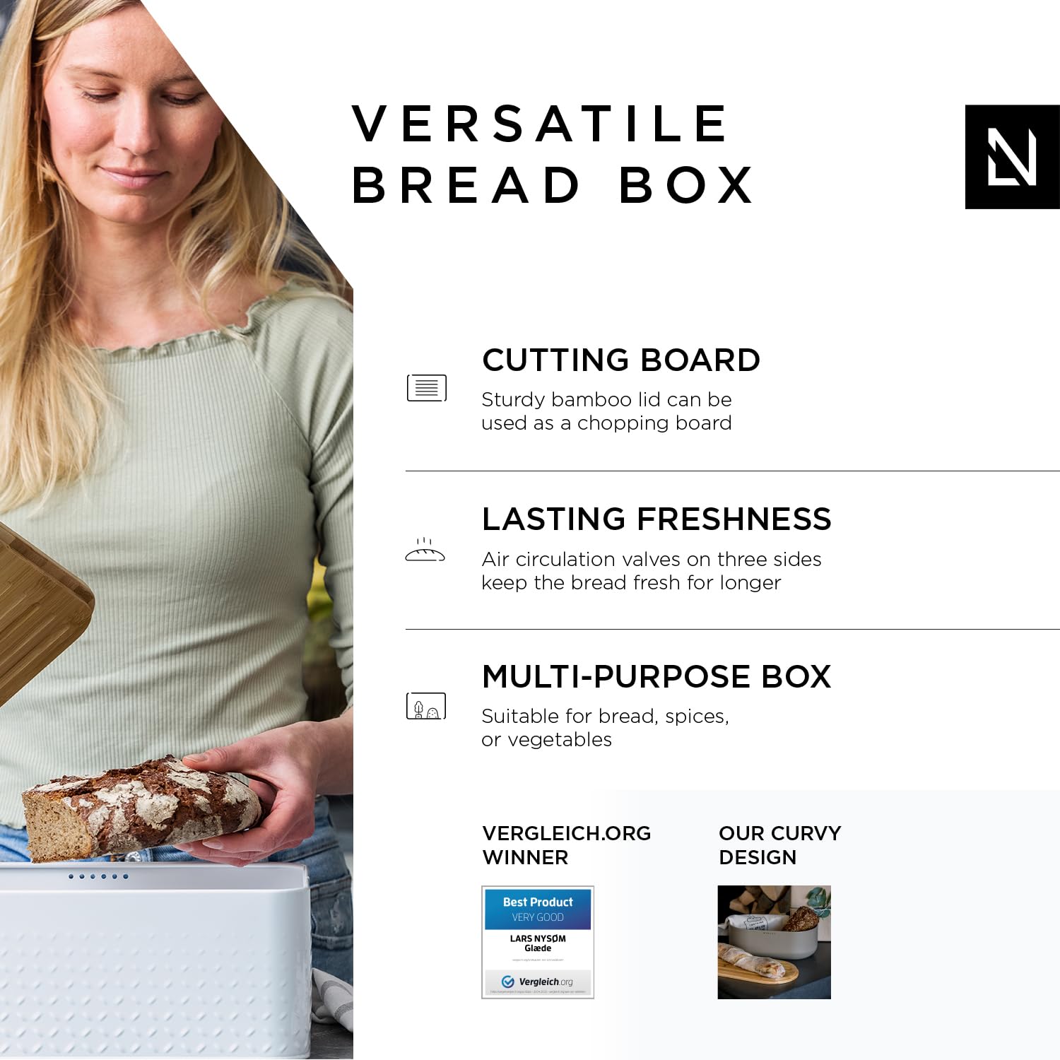 Lars Nysm Bread Box I Metal Box With Linen Bag For Long Lasting Freshness I Bread Bin With Bamboo Lid Usable As Cutting Board I