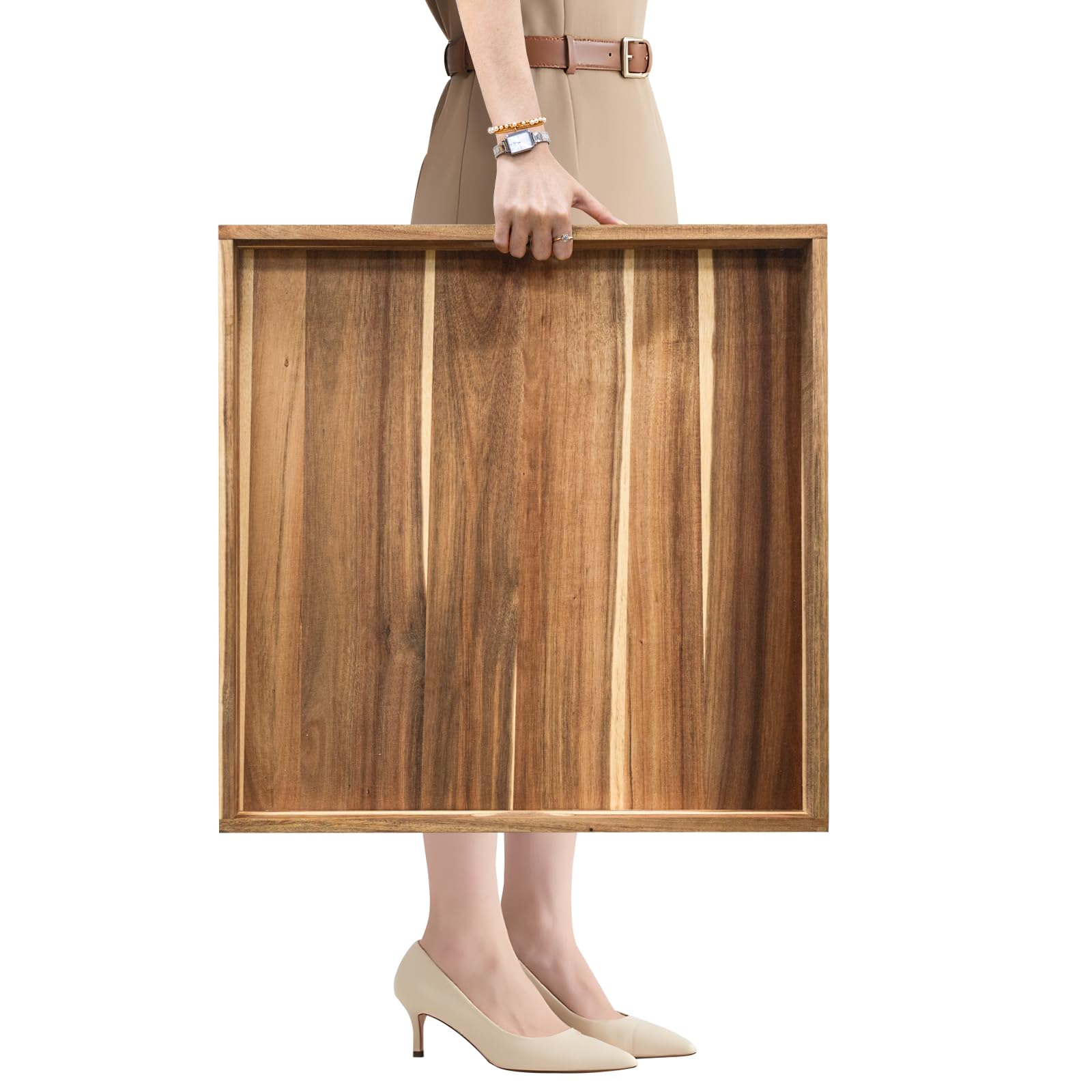 MAONAME Extra Large Square Ottoman Tray, 22 Acacia Wood Serving Tray for with Handles, Farmhouse Wooden Decorative Trays, Coffee