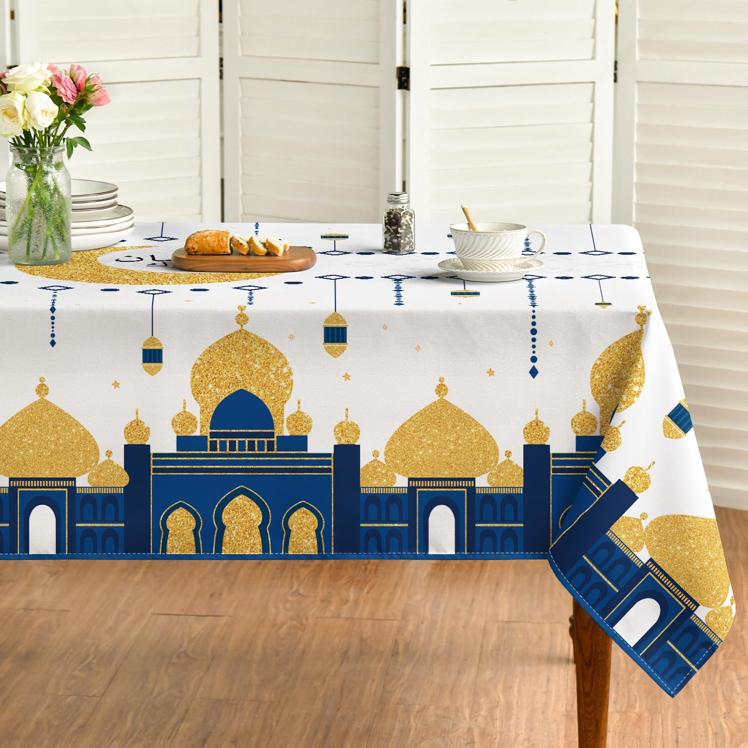 Horaldaily Ramadan Square Tablecloth 60  60 Inch, Eid Al Fitr Mubarak Washable Table Cover For Party Picnic Dinner Decor