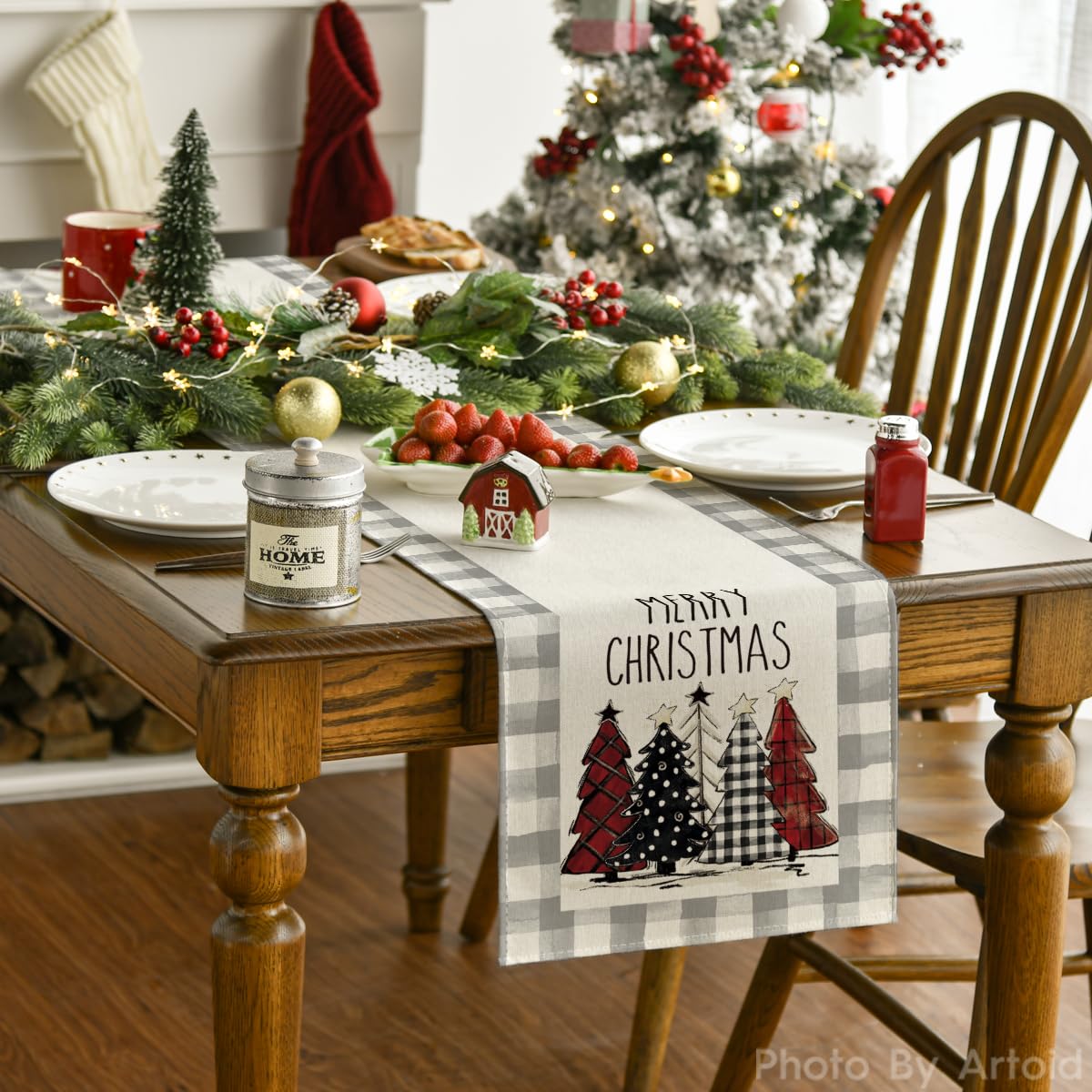 Artoid Mode Waterclor Grey Buffalo Plaid Christmas Trees Merry Xmas Table Runner, Seasonal Winter Holiday Kitchen Dining Table D