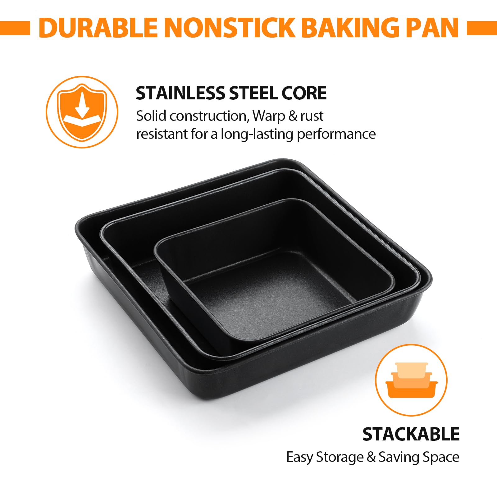 E-Far 6/8/9-Inch Square Cake Pan With Lid Set, Non-Stick Square Baking Brownie Pans Bakeware Set Of 3, Stainless Steel Core & Ea