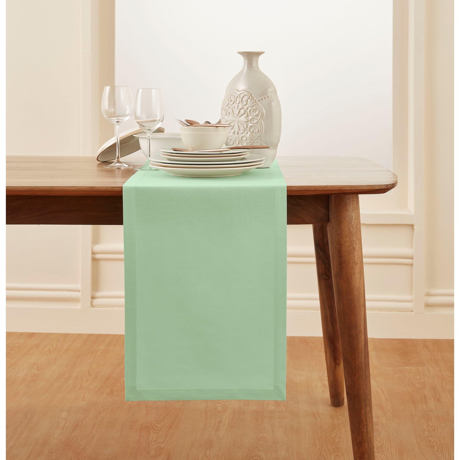 Solino Home Aqua Table Runner 90 Inches Long - Cotton Linen Table Runner 14 X 90 Inch - Machine Washable Dining Table Runner For